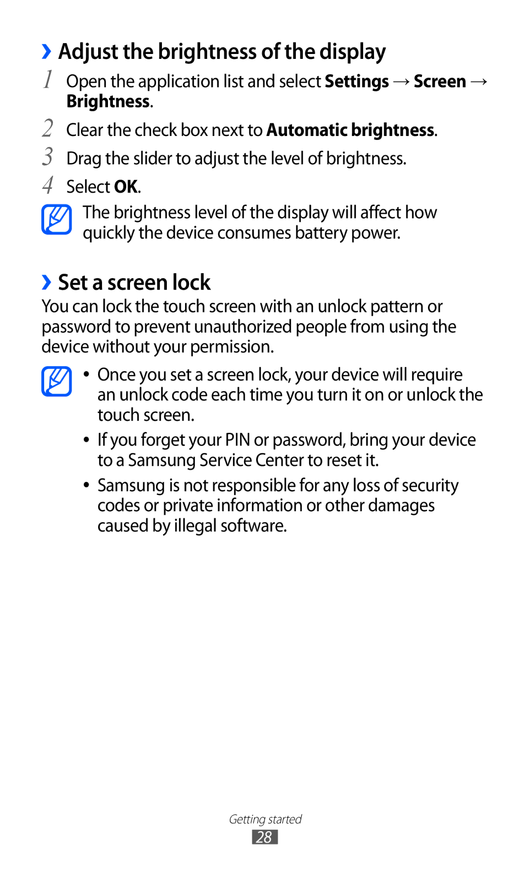 Samsung GT-P7300UWAXXV, GT-P7300FKAARB, GT-P7300FKEJED manual ››Adjust the brightness of the display, ››Set a screen lock 