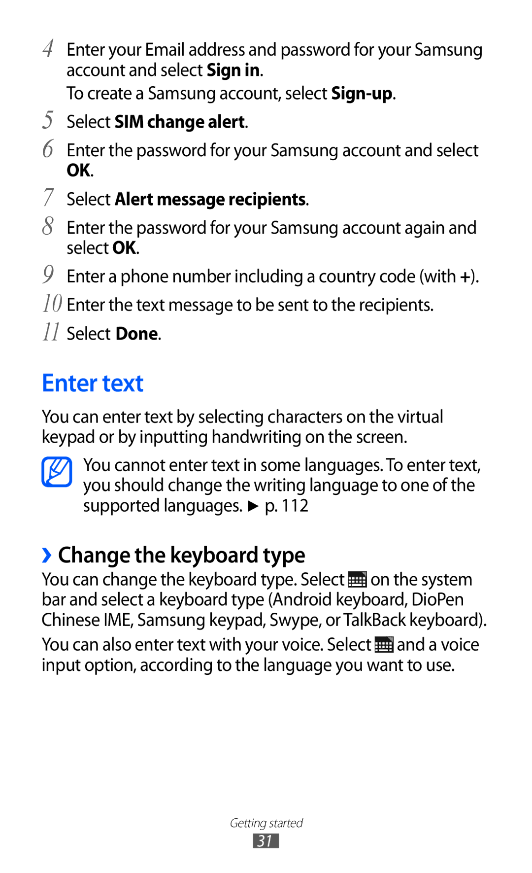 Samsung GT-P7300UWAPTR Enter text, ››Change the keyboard type, Select SIM change alert, Select Alert message recipients 