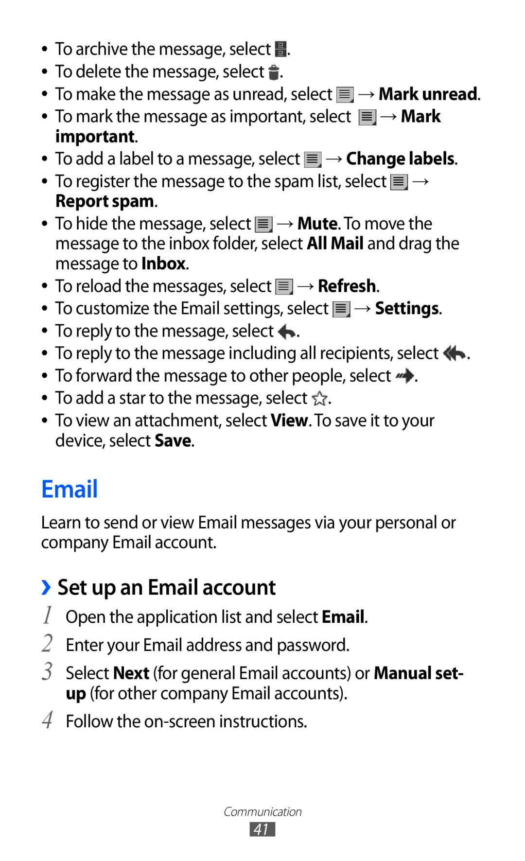 Samsung GT-P7300UWAXSG, GT-P7300FKAARB manual ››Set up an Email account, → Mark, Report spam, → Refresh, → Settings 
