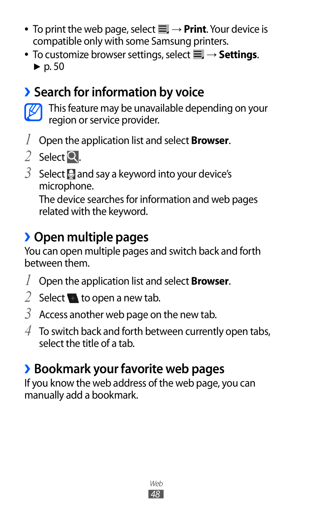 Samsung GT-P7300UWEXSG manual ››Search for information by voice, ››Open multiple pages, ››Bookmark your favorite web pages 