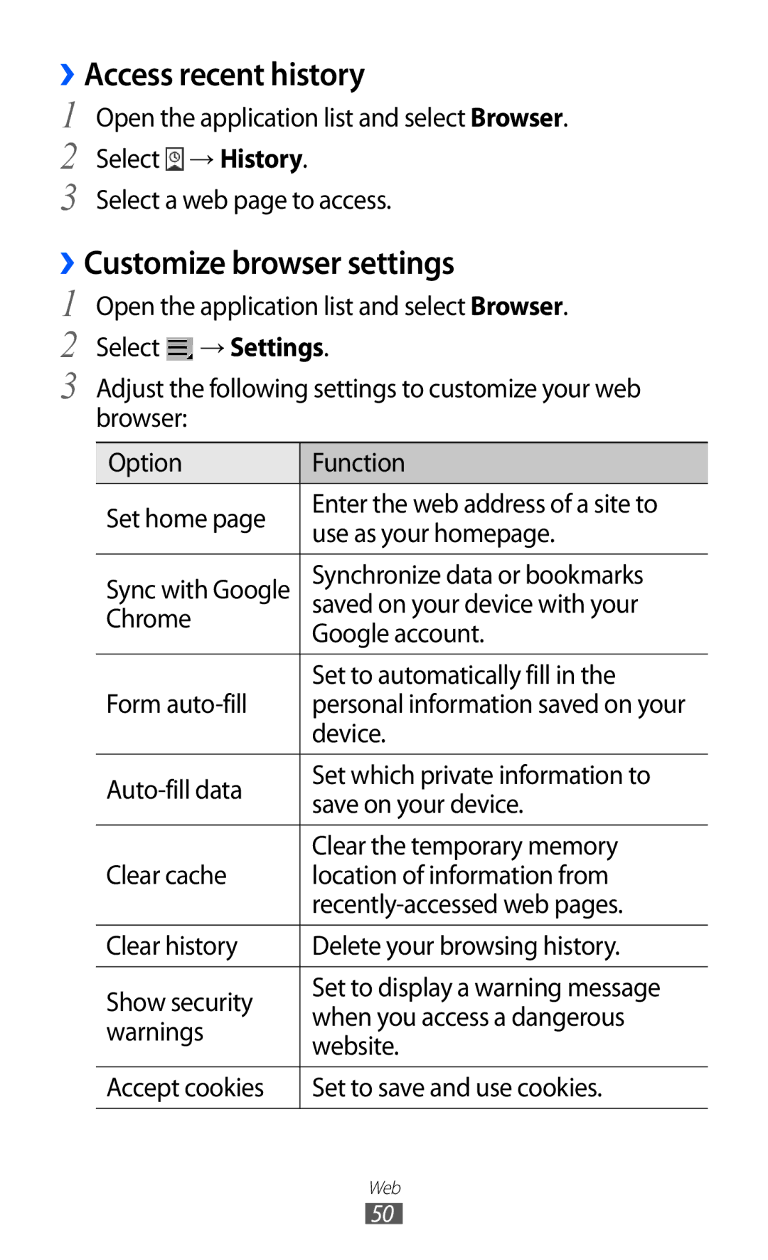 Samsung GT-P7300FKETHR, GT-P7300FKAARB, GT-P7300FKEJED, GT-P7300UWAAFR ››Access recent history, ››Customize browser settings 