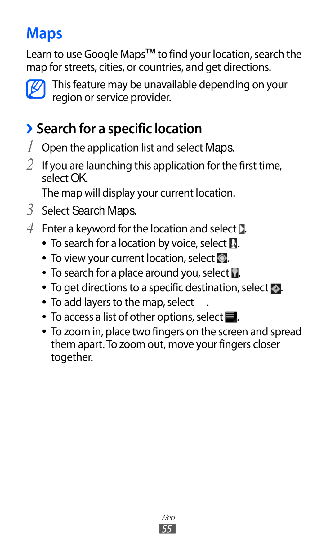 Samsung GT-P7300FKEECT, GT-P7300FKAARB, GT-P7300FKEJED manual Search for a specific location, Select Search Maps 