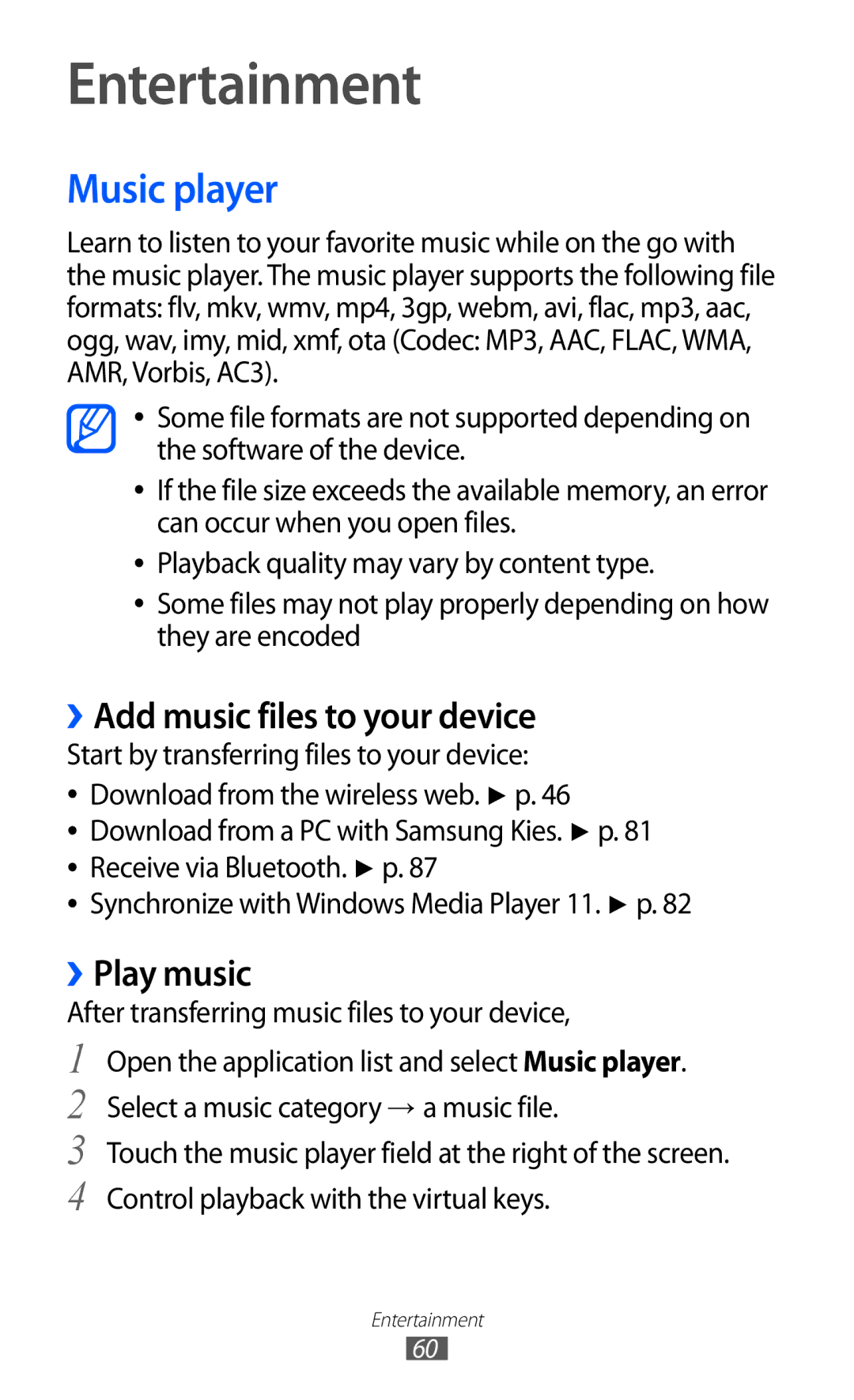 Samsung GT-P7300UWAXEV, GT-P7300FKAARB manual Entertainment, Music player, ››Add music files to your device, ››Play music 