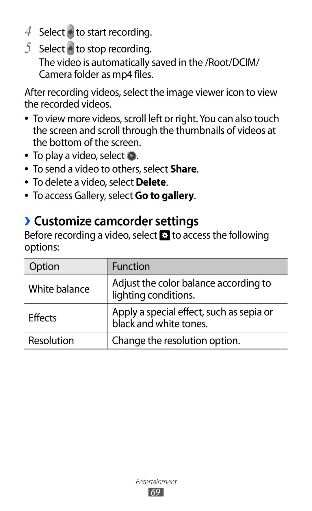 Samsung GT-P7300UWABTC, GT-P7300FKAARB, GT-P7300FKEJED, GT-P7300UWAAFR, GT-P7300UWAJED manual ››Customize camcorder settings 