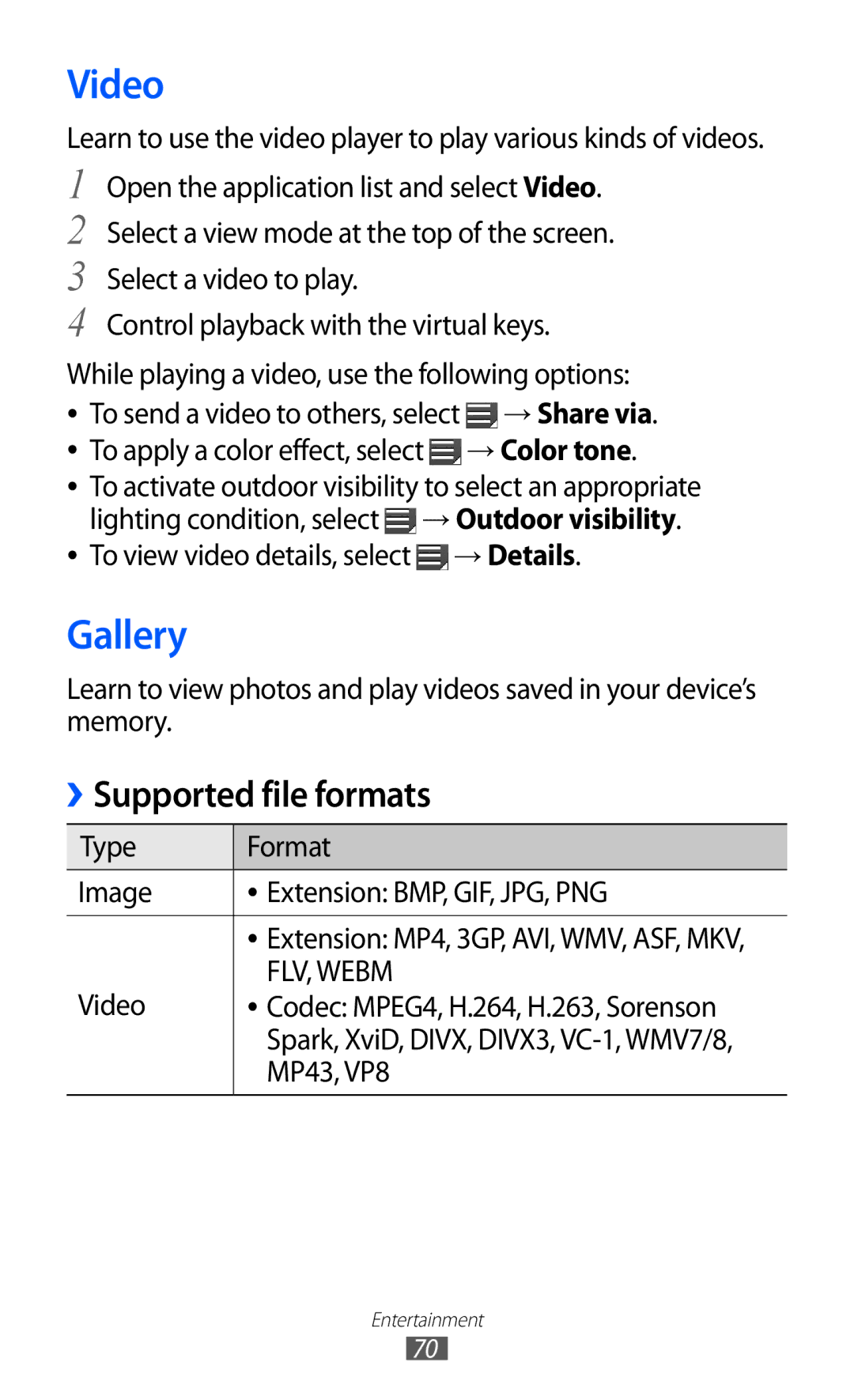 Samsung GT-P7300UWAJED, GT-P7300FKAARB, GT-P7300FKEJED, GT-P7300UWAAFR, GT-P7300UWABTC Video, Gallery, Supported file formats 