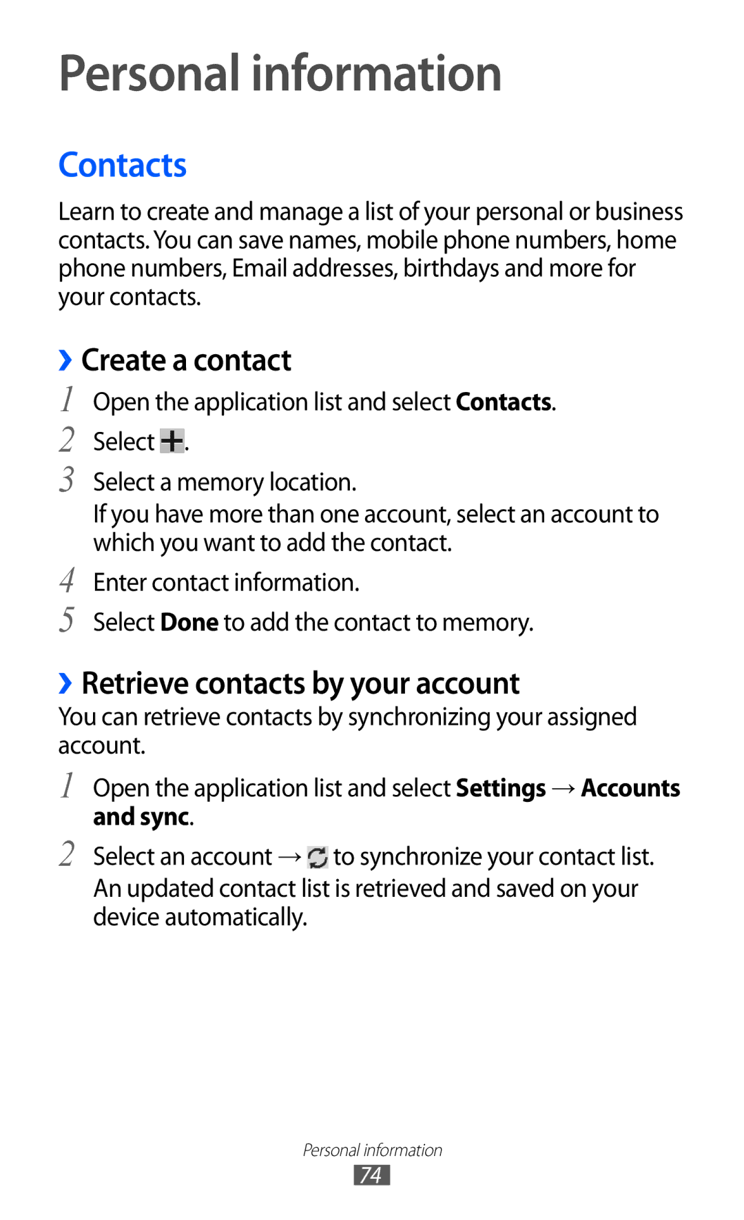 Samsung GT-P7300UWAXSG manual Personal information, Contacts, ››Create a contact, ››Retrieve contacts by your account 