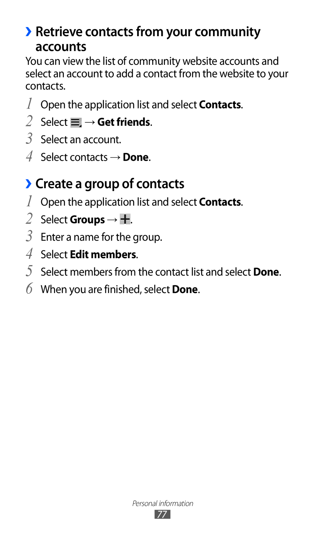 Samsung GT-P7300FKAKSA, GT-P7300FKAARB manual ››Retrieve contacts from your community accounts, ››Create a group of contacts 