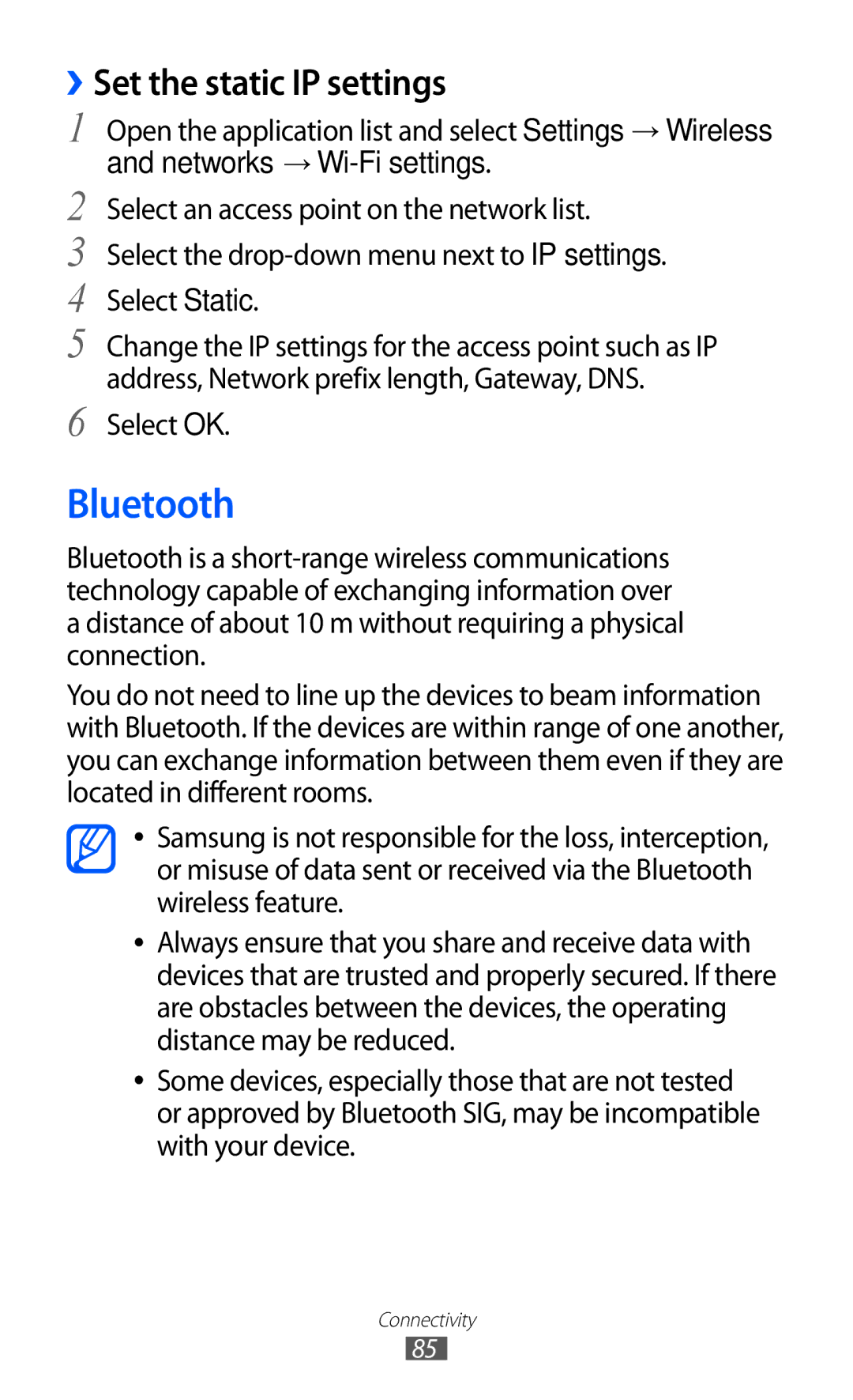 Samsung GT-P7300FKAAFR, GT-P7300FKAARB, GT-P7300FKEJED, GT-P7300UWAAFR manual Bluetooth, ››Set the static IP settings 