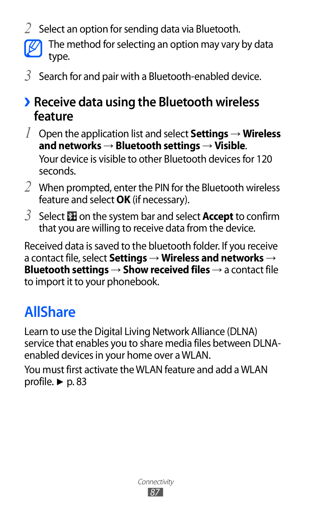 Samsung GT-P7300FKATMC, GT-P7300FKAARB, GT-P7300FKEJED manual AllShare, ››Receive data using the Bluetooth wireless feature 