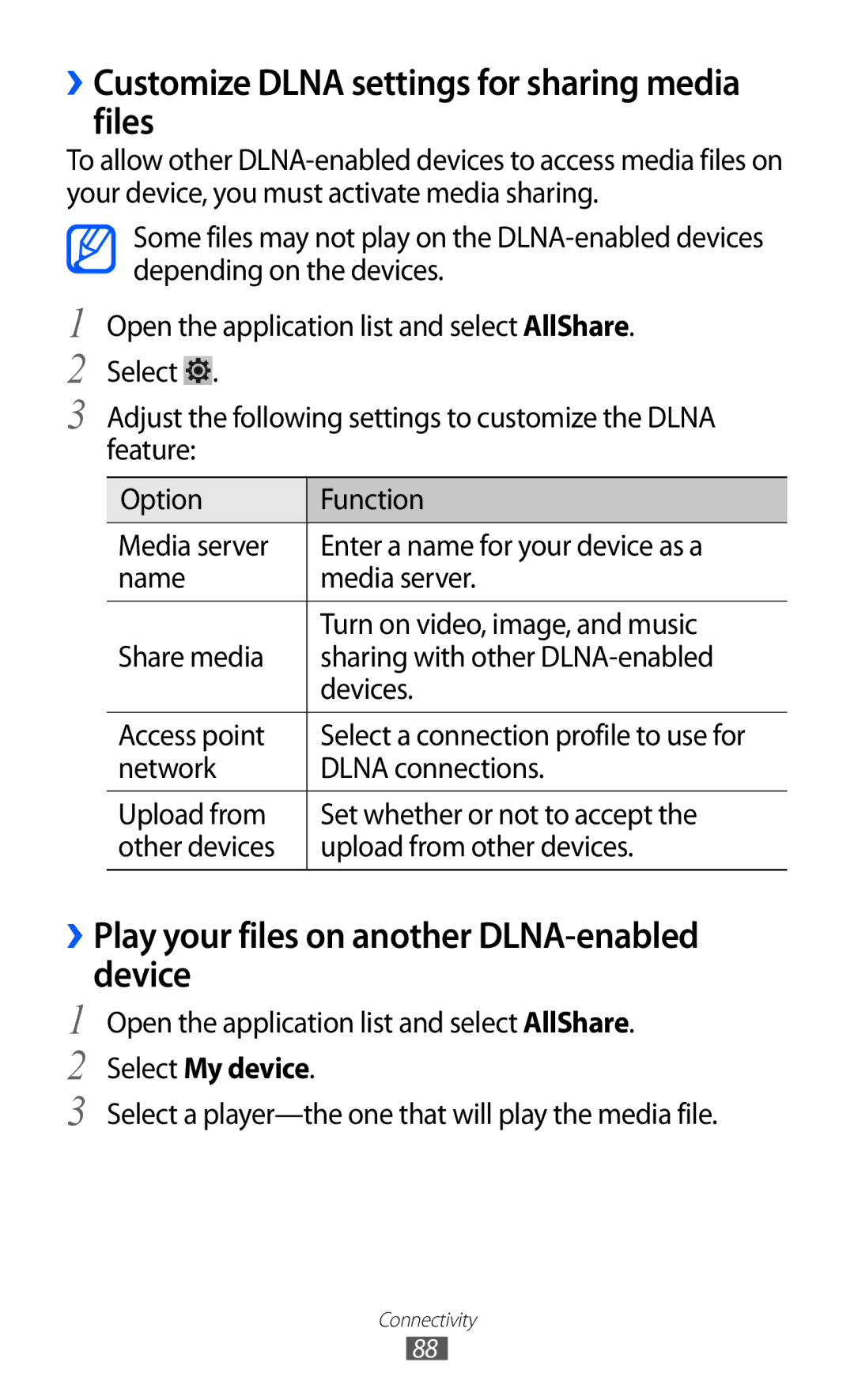 Samsung GT-P7300FKEECT ››Customize Dlna settings for sharing media files, ››Play your files on another DLNA-enabled device 