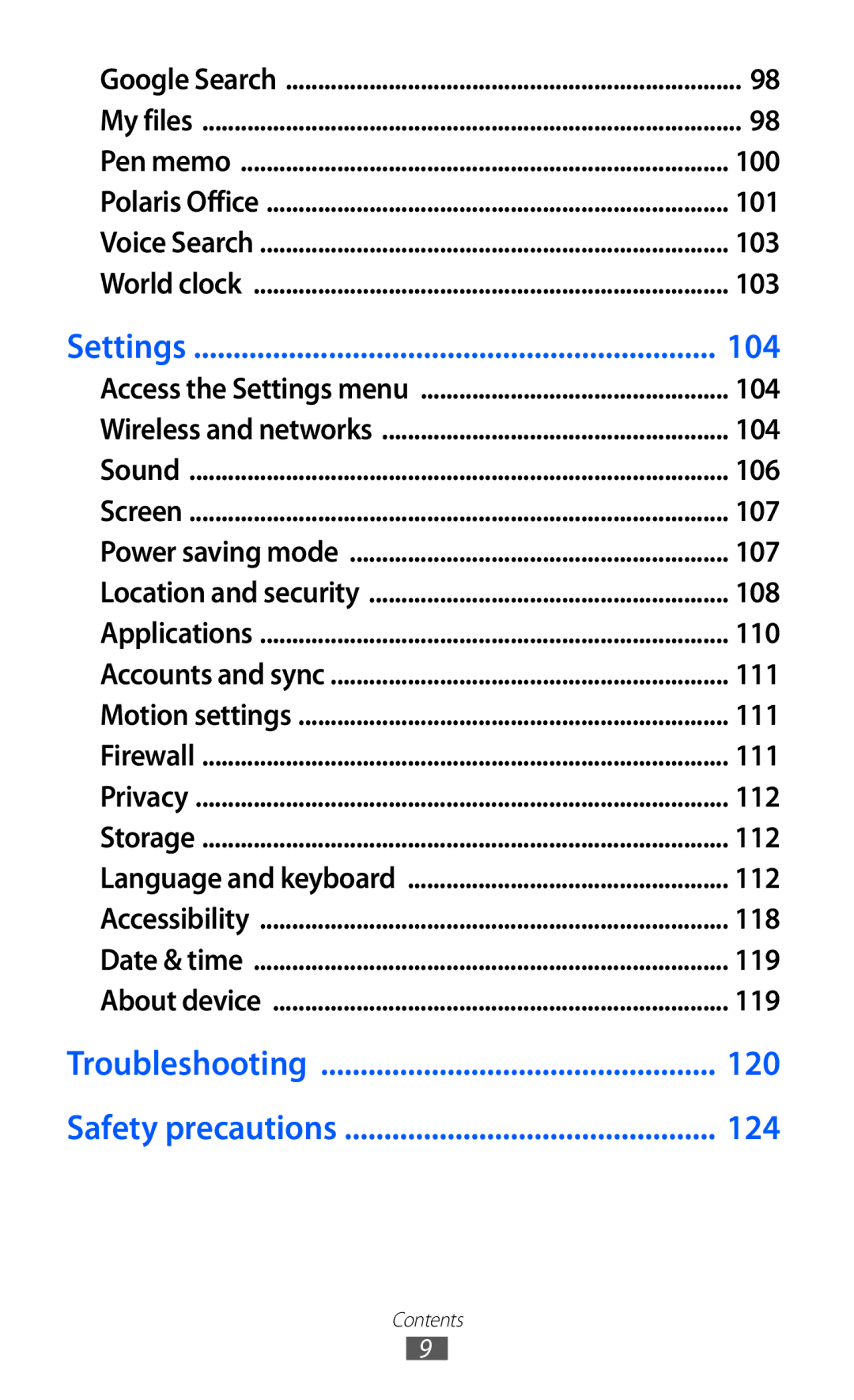 Samsung GT-P7300UWEKSA, GT-P7300FKAARB, GT-P7300FKEJED manual 100, 101, 103, 104, 106, 107, 108, 110, 111, 112, 118, 119 