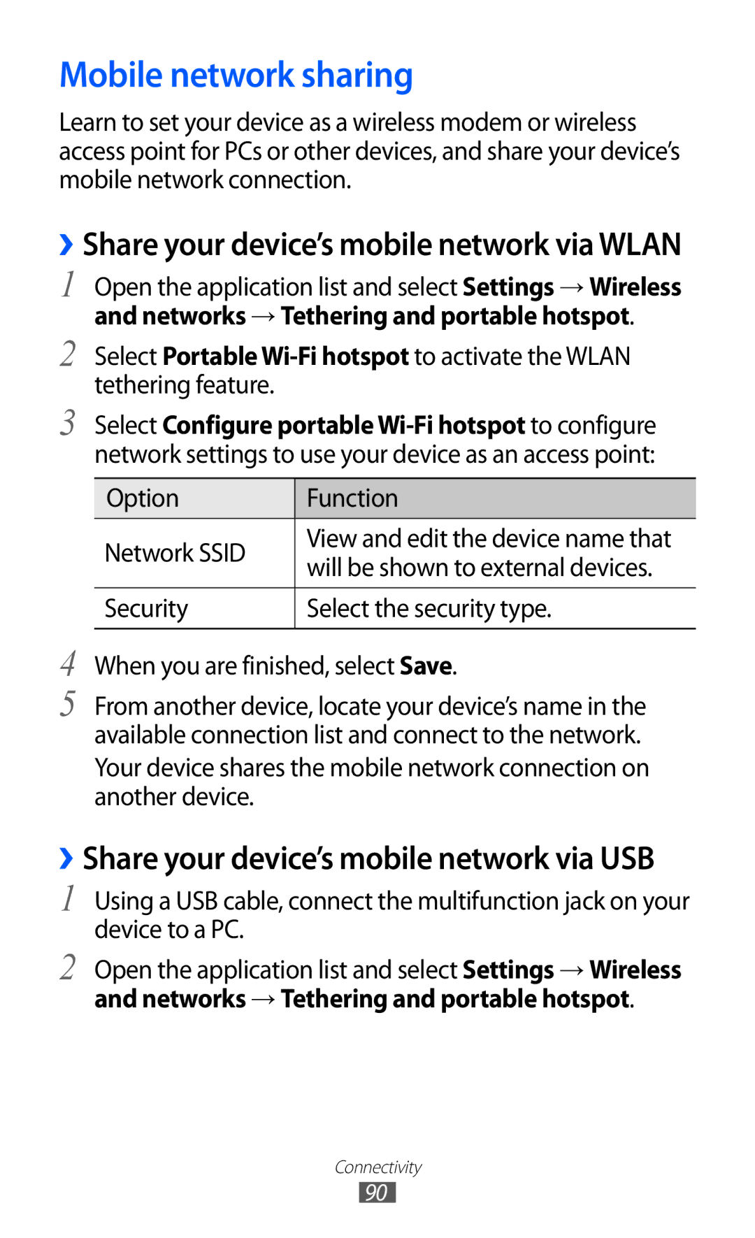 Samsung GT-P7300FKAMID, GT-P7300FKAARB manual Mobile network sharing, ››Share your device’s mobile network via Wlan 