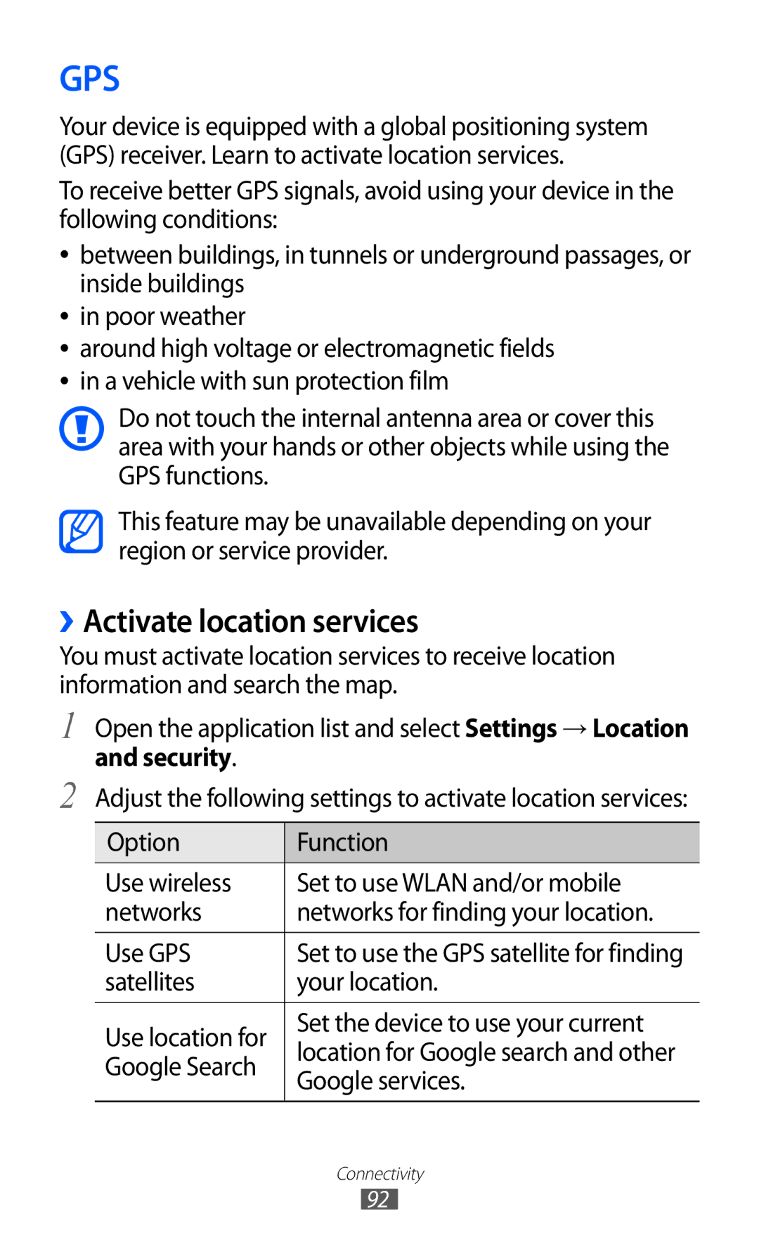 Samsung GT-P7300UWAARB, GT-P7300FKAARB, GT-P7300FKEJED, GT-P7300UWAAFR, GT-P7300UWABTC manual Gps, ››Activate location services 