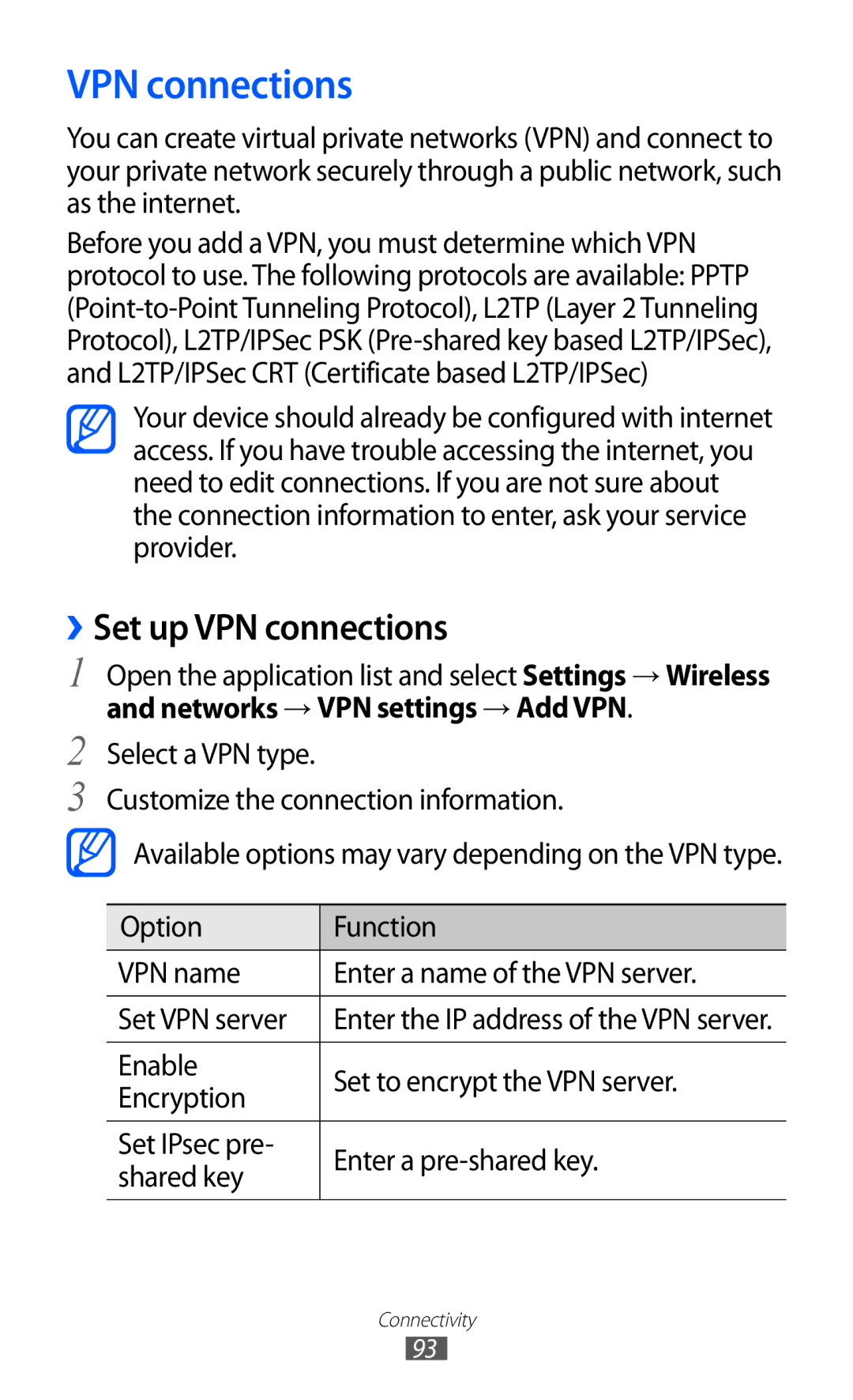 Samsung GT-P7300UWAXEV, GT-P7300FKAARB, GT-P7300FKEJED, GT-P7300UWAAFR, GT-P7300UWABTC manual ››Set up VPN connections 