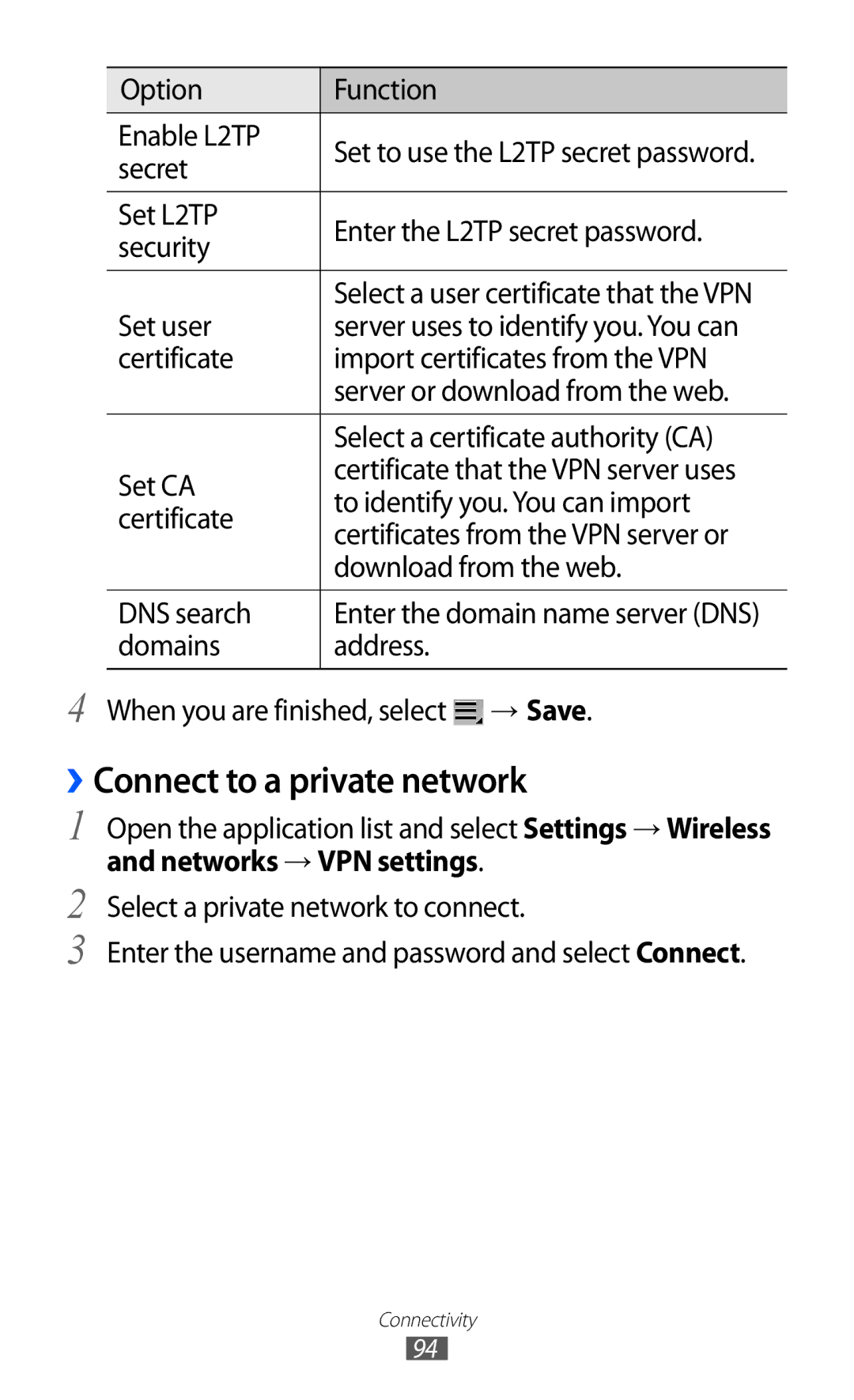 Samsung GT-P7300UWAXXV, GT-P7300FKAARB, GT-P7300FKEJED manual ››Connect to a private network, Networks → VPN settings 