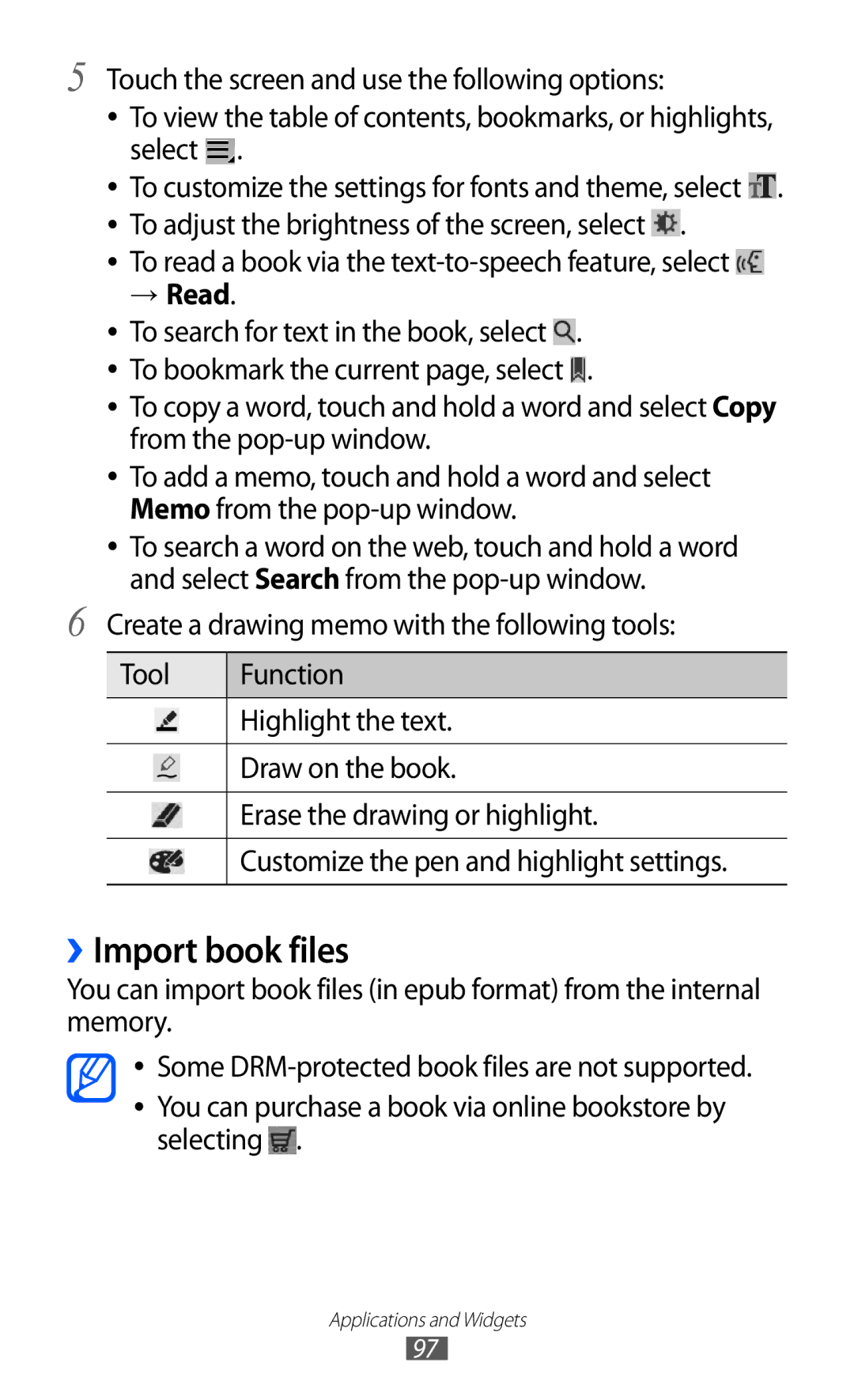 Samsung GT-P7300UWAPTR, GT-P7300FKAARB, GT-P7300FKEJED, GT-P7300UWAAFR, GT-P7300UWABTC manual ››Import book files, → Read 