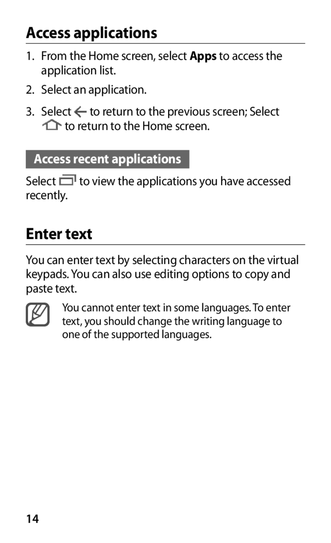 Samsung GT-P7300UWEXSG, GT-P7300FKAARB, GT-P7300FKEJED, GT-P7300UWAAFR, GT-P7300UWABTC manual Access applications, Enter text 