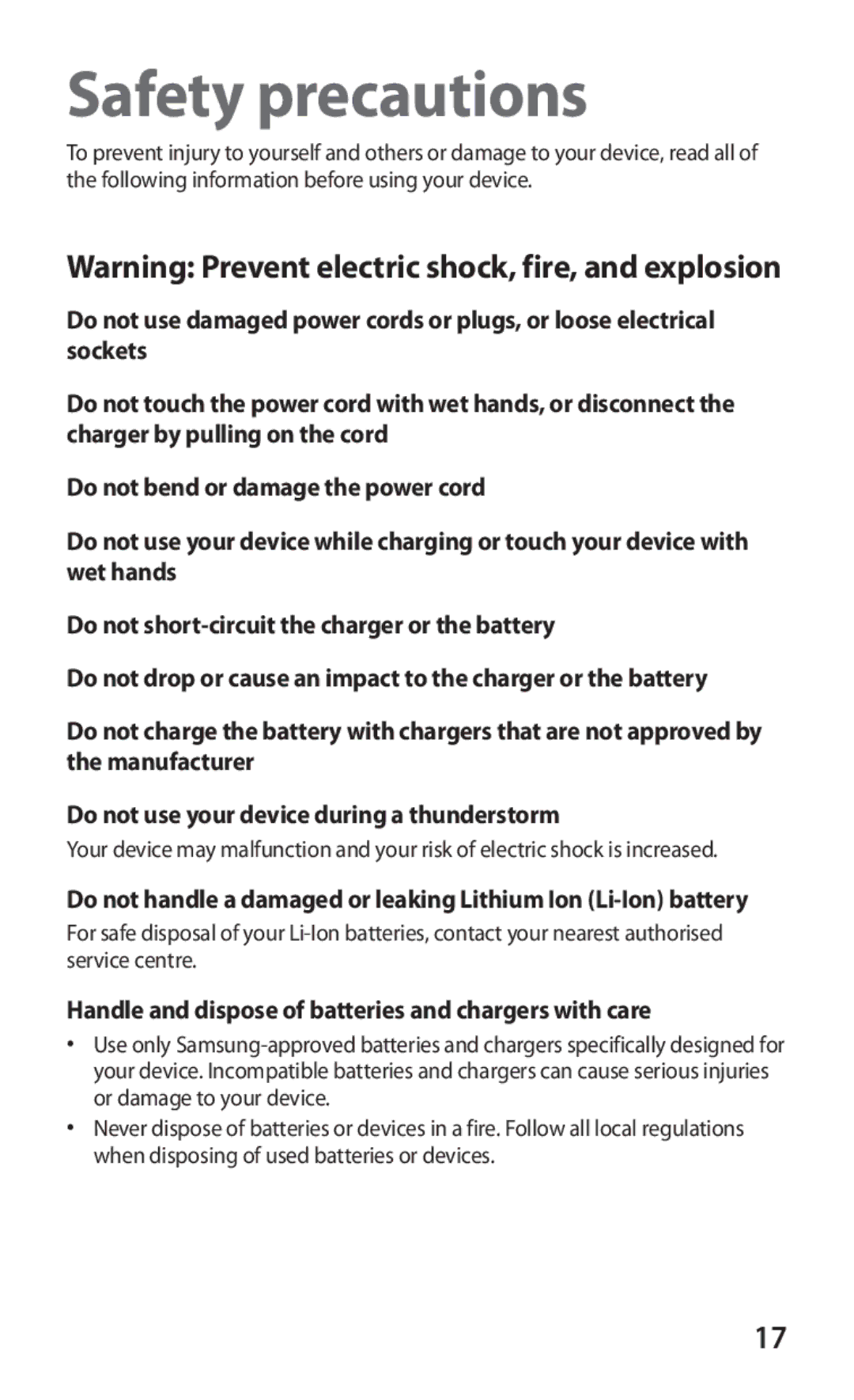 Samsung GT-P7300FKEXSG, GT-P7300FKAARB manual Safety precautions, Handle and dispose of batteries and chargers with care 