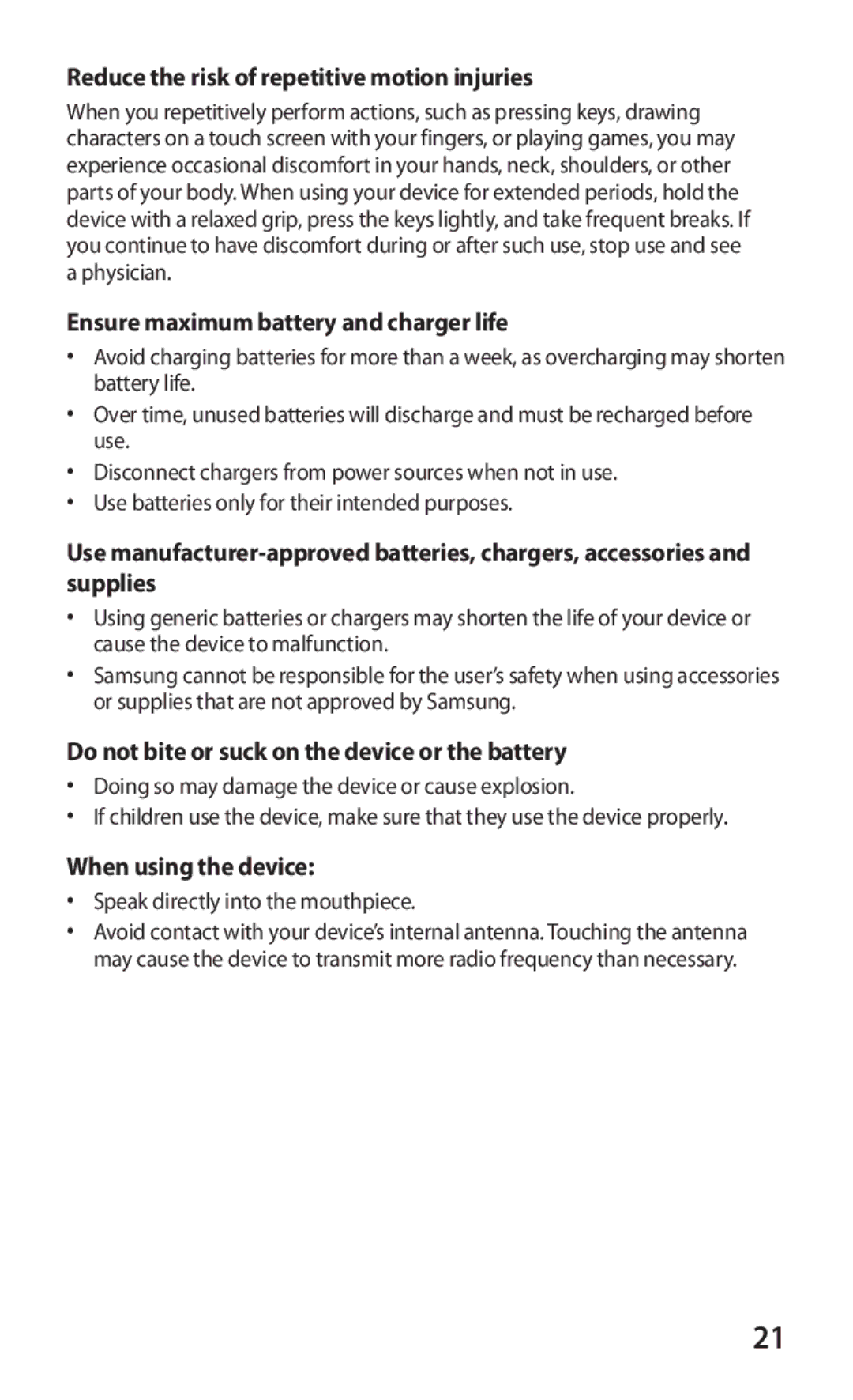 Samsung GT-P7300UWETHR manual Reduce the risk of repetitive motion injuries, Ensure maximum battery and charger life 