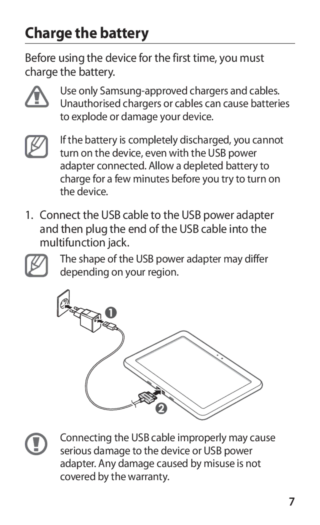 Samsung GT-P7300UWAXSG, GT-P7300FKAARB, GT-P7300FKEJED, GT-P7300UWAAFR, GT-P7300UWABTC, GT-P7300UWAJED manual Charge the battery 