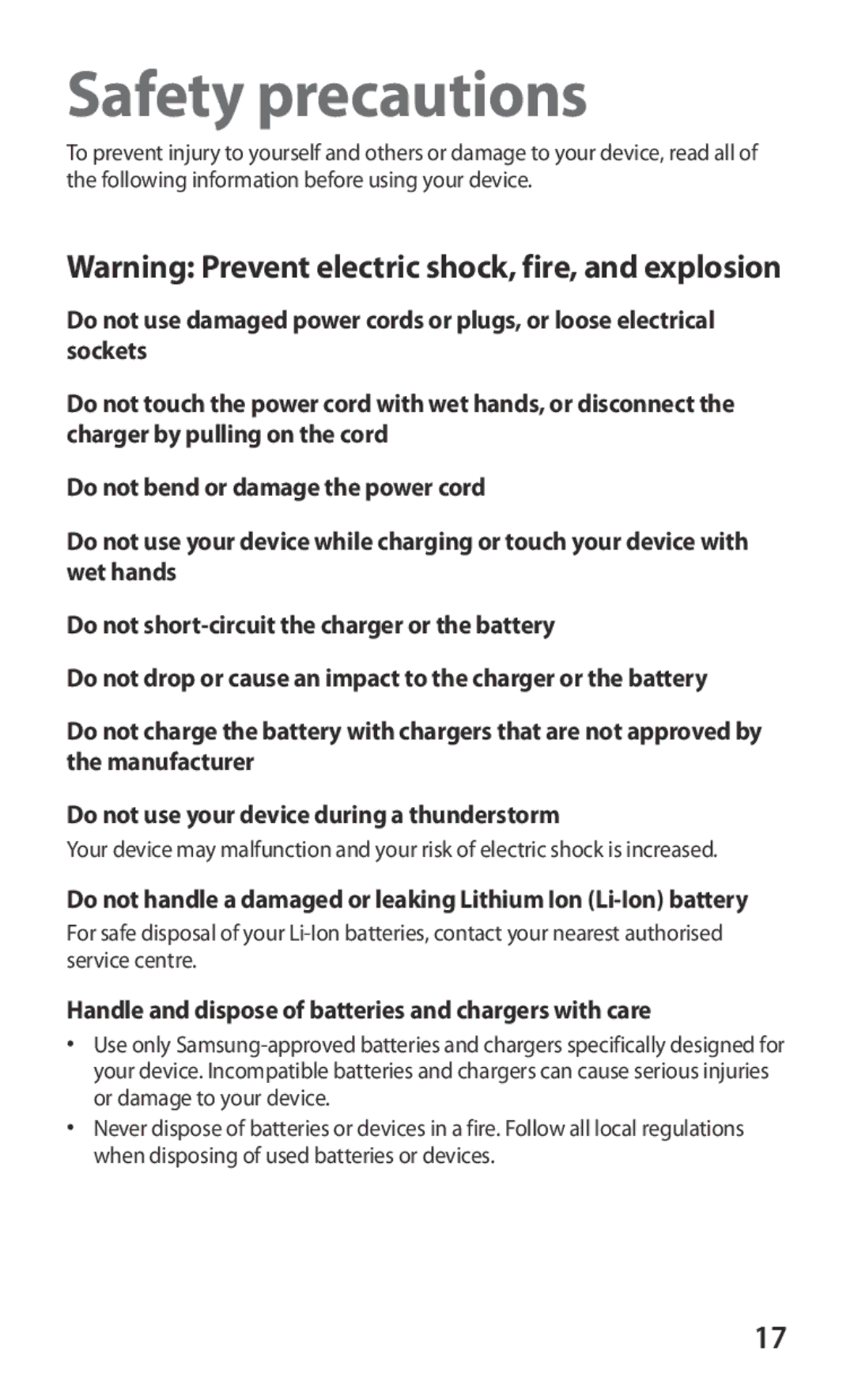 Samsung GT-P7300FKEXSG, GT-P7300FKAARB manual Safety precautions, Handle and dispose of batteries and chargers with care 