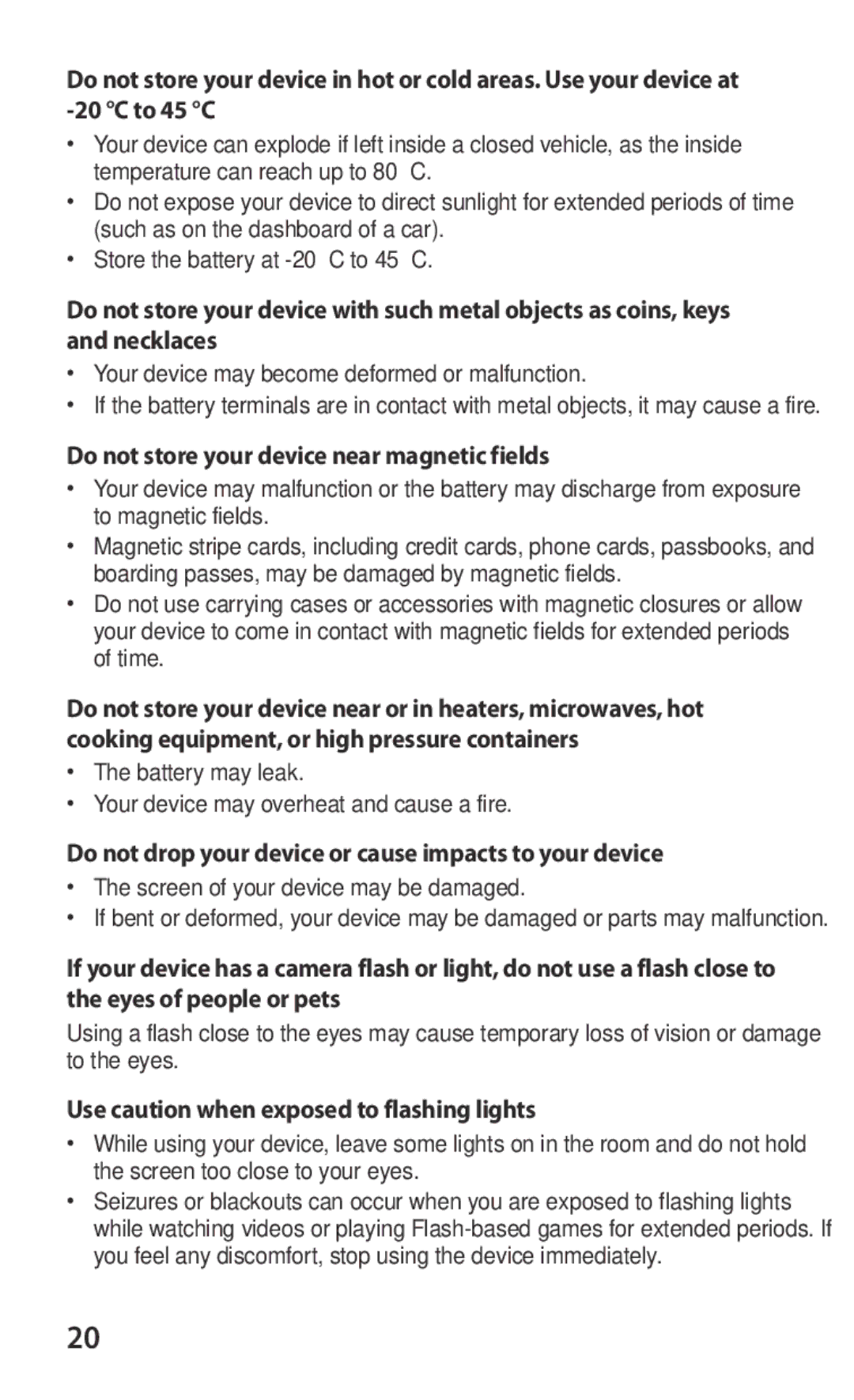 Samsung GT-P7300FKEECT manual Do not store your device near magnetic fields, Use caution when exposed to flashing lights 