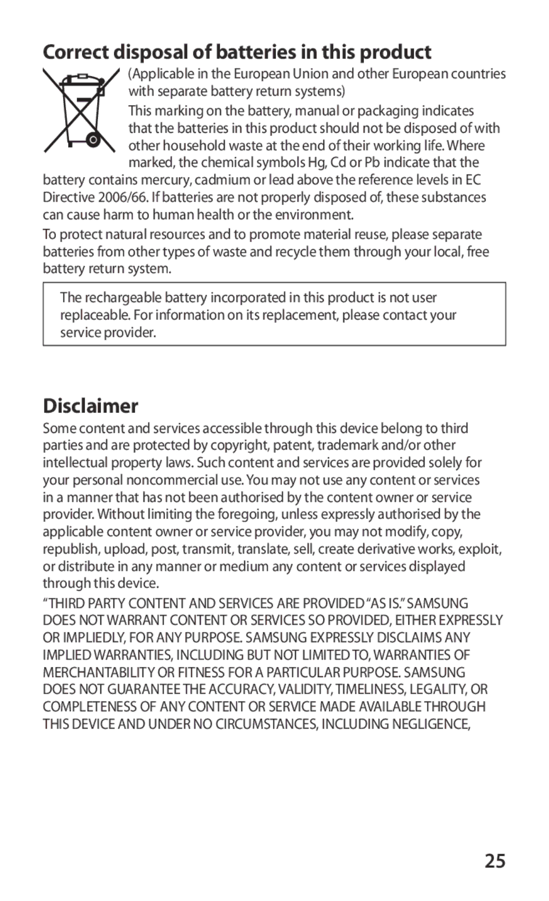 Samsung GT-P7300UWAXEV, GT-P7300FKAARB, GT-P7300FKEJED, GT-P7300UWAAFR manual Correct disposal of batteries in this product 