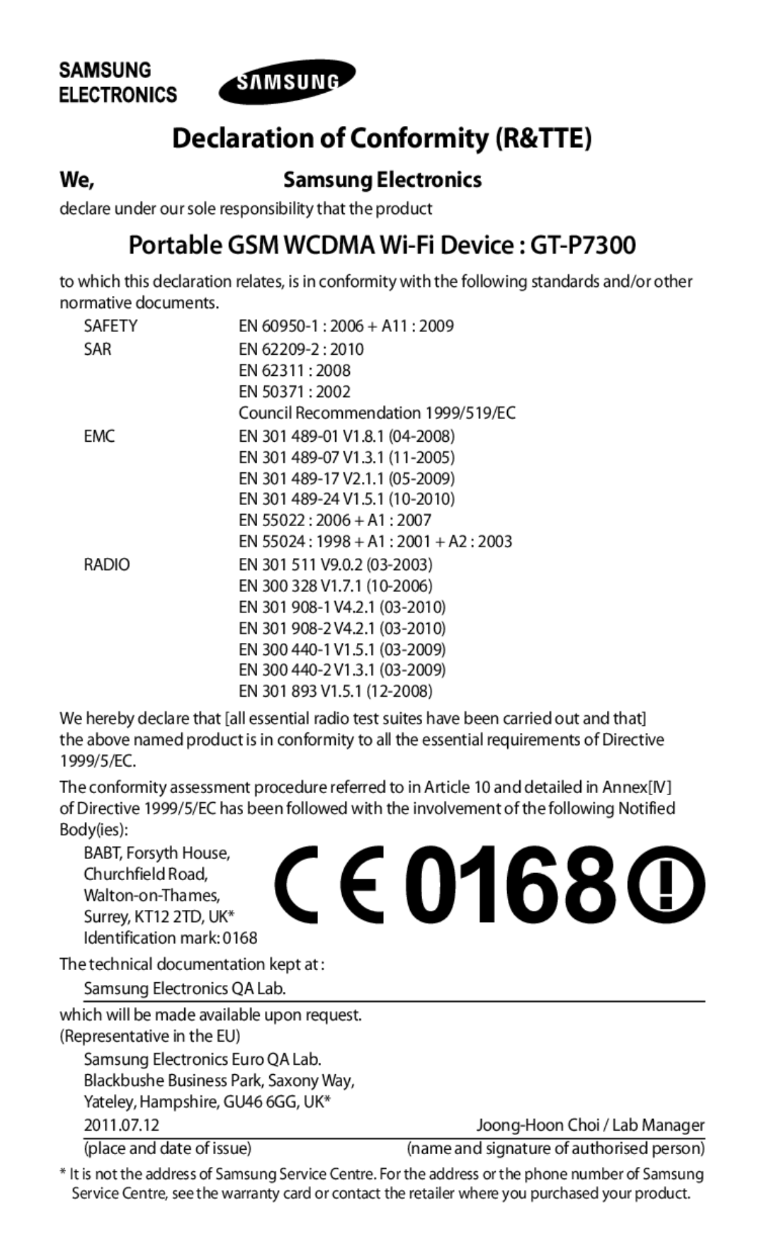 Samsung GT-P7300FKAXXV, GT-P7300FKAARB, GT-P7300FKEJED, GT-P7300UWAAFR, GT-P7300UWABTC manual Declaration of Conformity R&TTE 