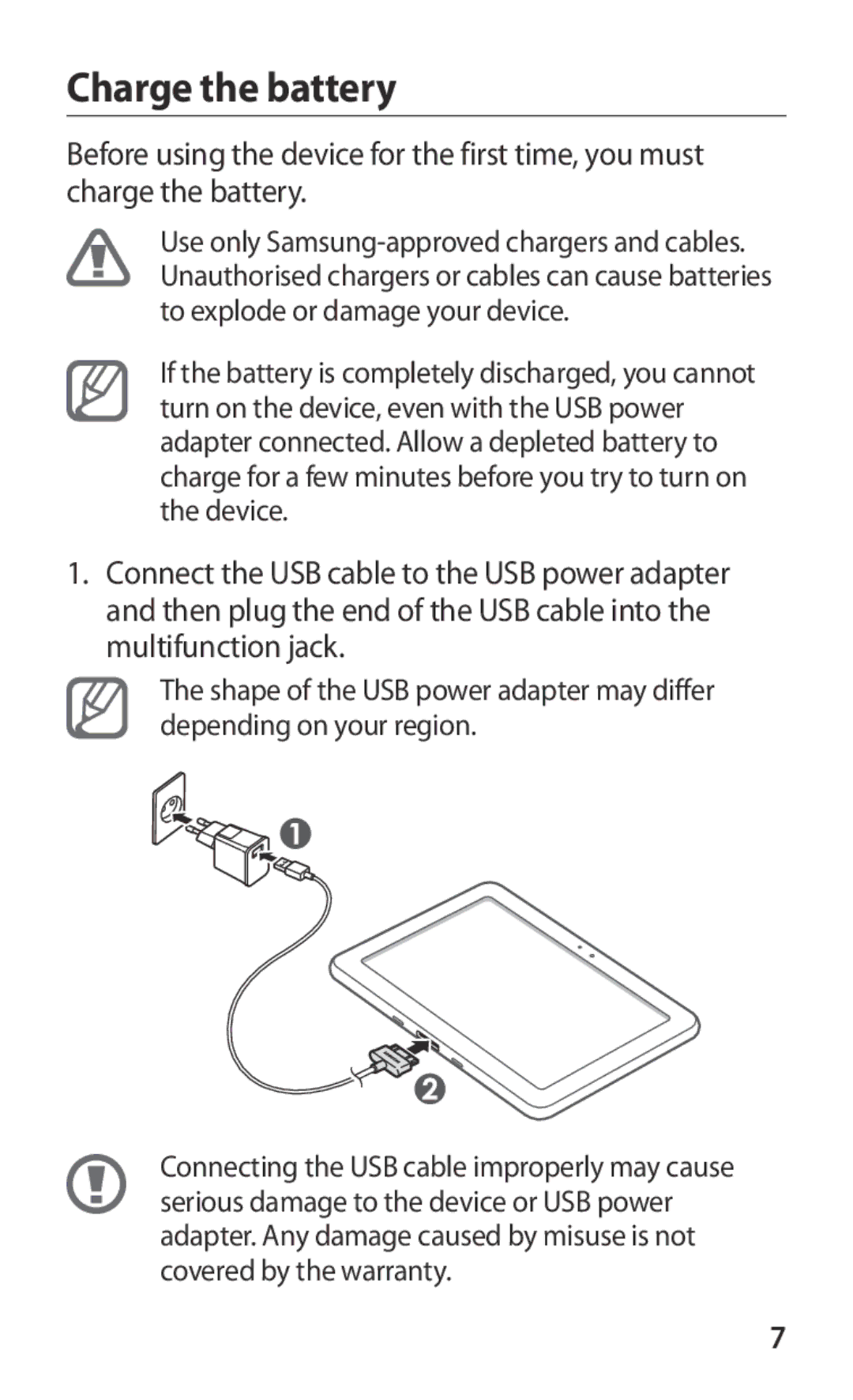 Samsung GT-P7300UWAXSG, GT-P7300FKAARB, GT-P7300FKEJED, GT-P7300UWAAFR, GT-P7300UWABTC, GT-P7300UWAJED manual Charge the battery 