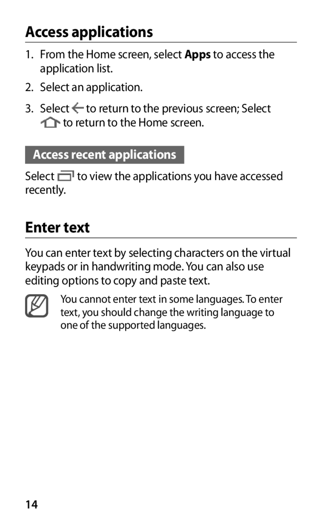 Samsung GT-P7300UWEXSG, GT-P7300FKAARB, GT-P7300FKEJED, GT-P7300UWAAFR, GT-P7300UWABTC manual Access applications, Enter text 