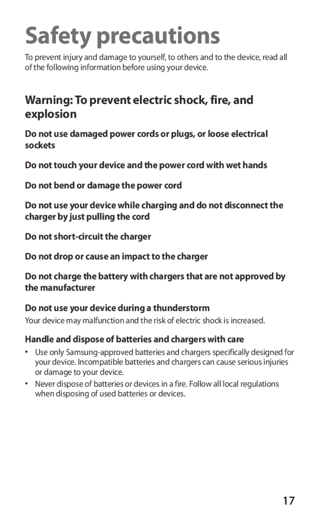 Samsung GT-P7300FKEXSG, GT-P7300FKAARB manual Safety precautions, Handle and dispose of batteries and chargers with care 