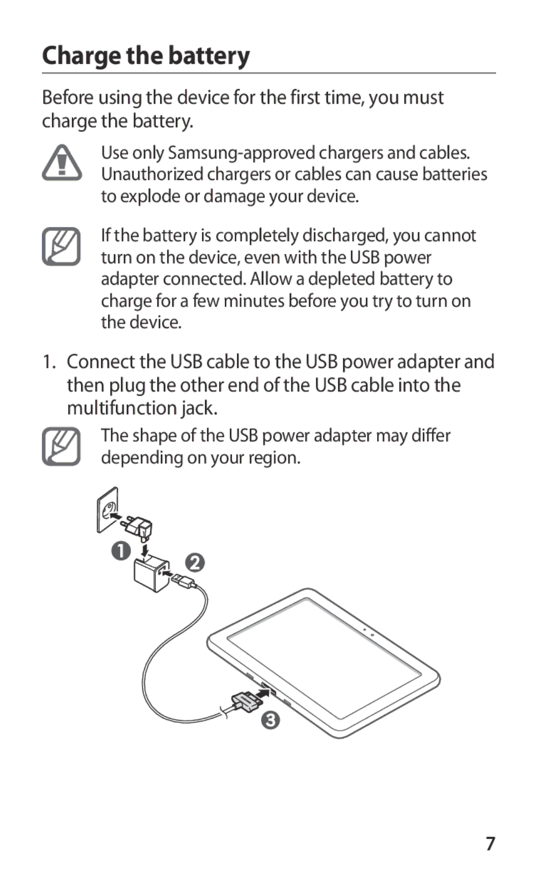 Samsung GT-P7300UWAXSG, GT-P7300FKAARB, GT-P7300FKEJED, GT-P7300UWAAFR, GT-P7300UWABTC, GT-P7300UWAJED manual Charge the battery 