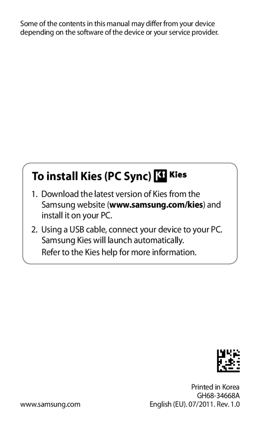Samsung GT-P7300FKEJED, GT-P7300FKAARB manual To install Kies PC Sync, Refer to the Kies help for more information 