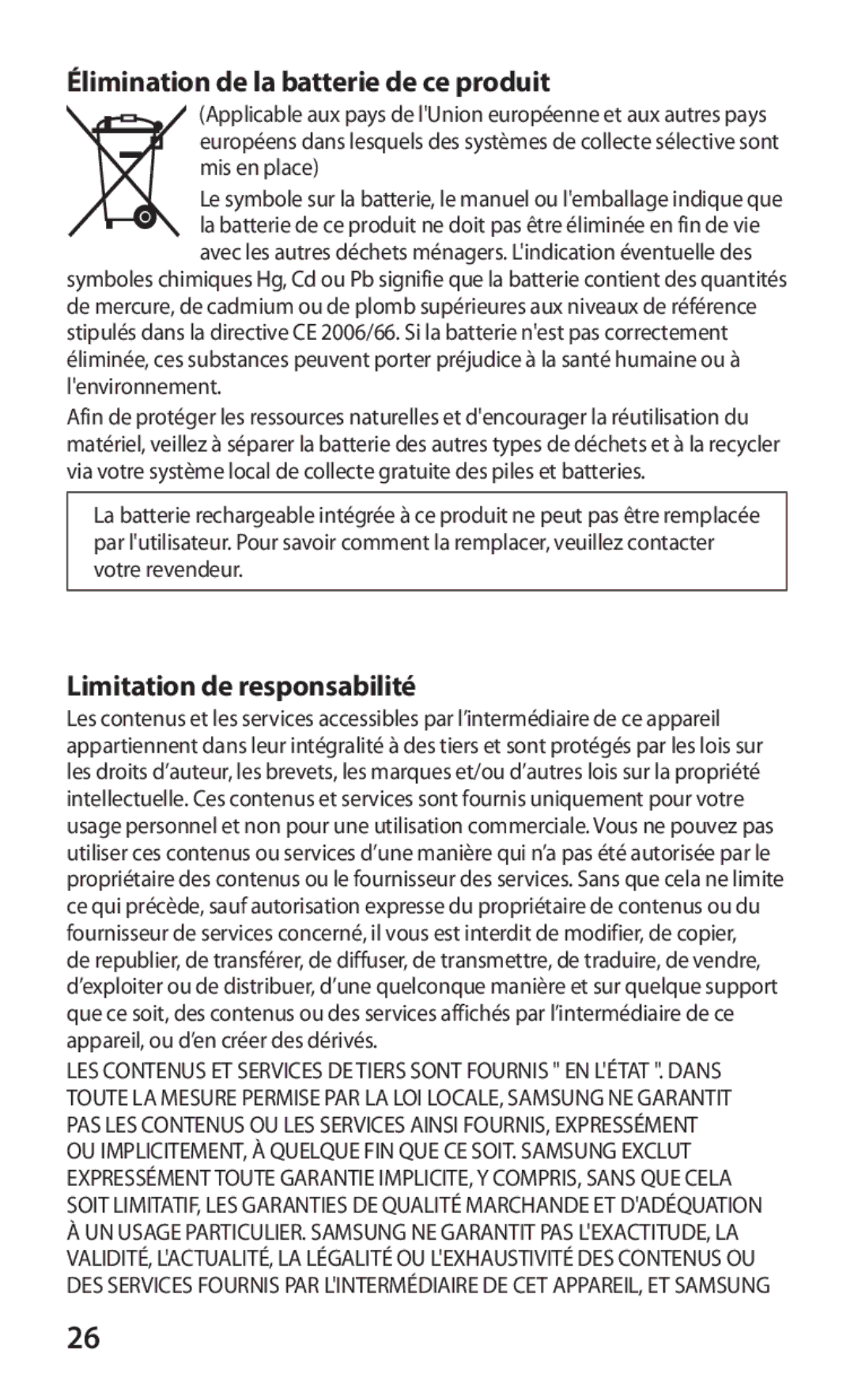 Samsung GT-P7300FKABGL, GT-P7300FKAGBL manual Élimination de la batterie de ce produit, Limitation de responsabilité 