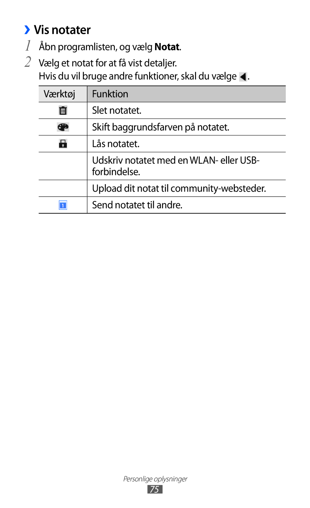 Samsung GT-P7300FKANEE manual ››Vis notater, Forbindelse, Upload dit notat til community-websteder, Send notatet til andre 