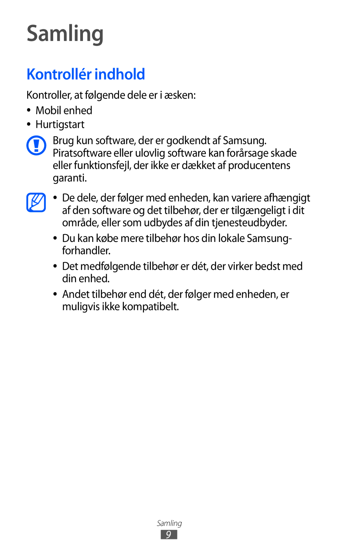 Samsung GT-P7300UWANSE, GT-P7300FKANEE, GT-P7300UWENEE, GT-P7300UWANEE, GT-P7300FKENEE manual Samling, Kontrollér indhold 