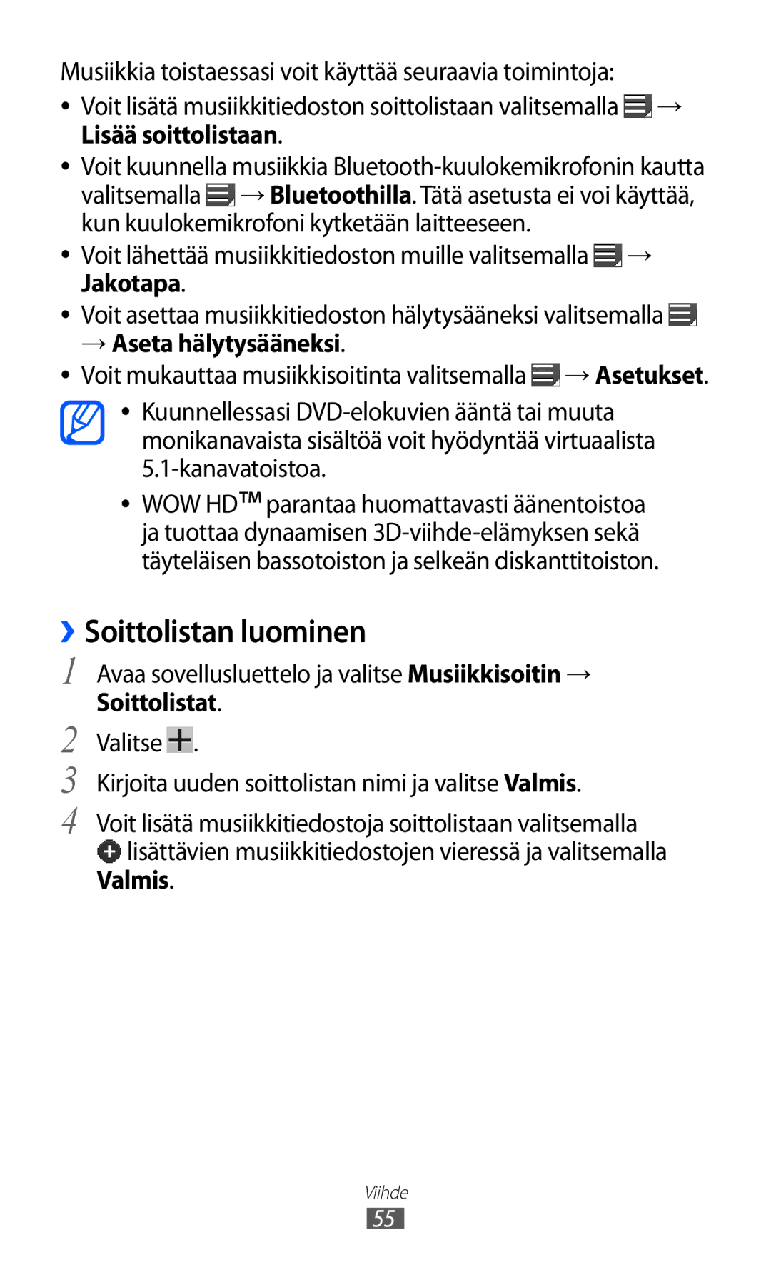 Samsung GT-P7300FKANEE, GT-P7300UWENEE manual ››Soittolistan luominen, → Aseta hälytysääneksi, Soittolistat, Valmis 