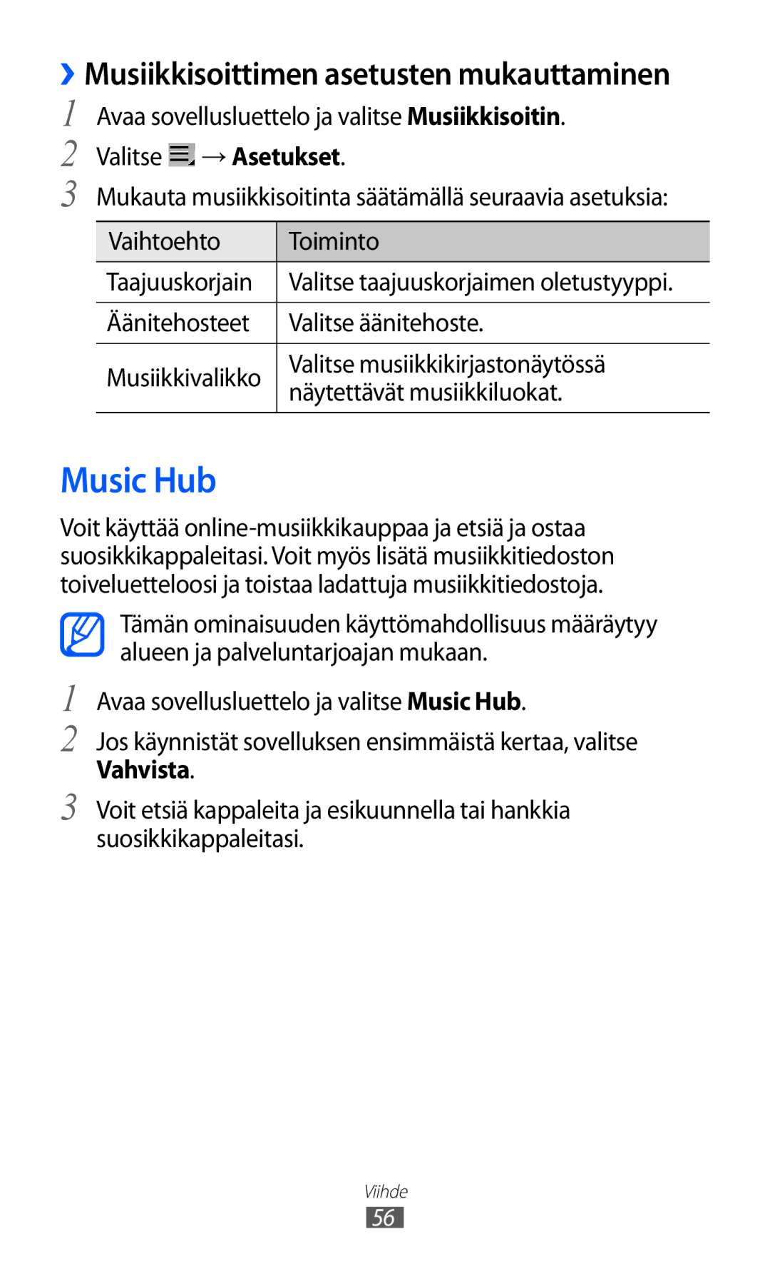 Samsung GT-P7300UWENEE, GT-P7300FKANEE, GT-P7300UWANEE manual Music Hub, ››Musiikkisoittimen asetusten mukauttaminen 