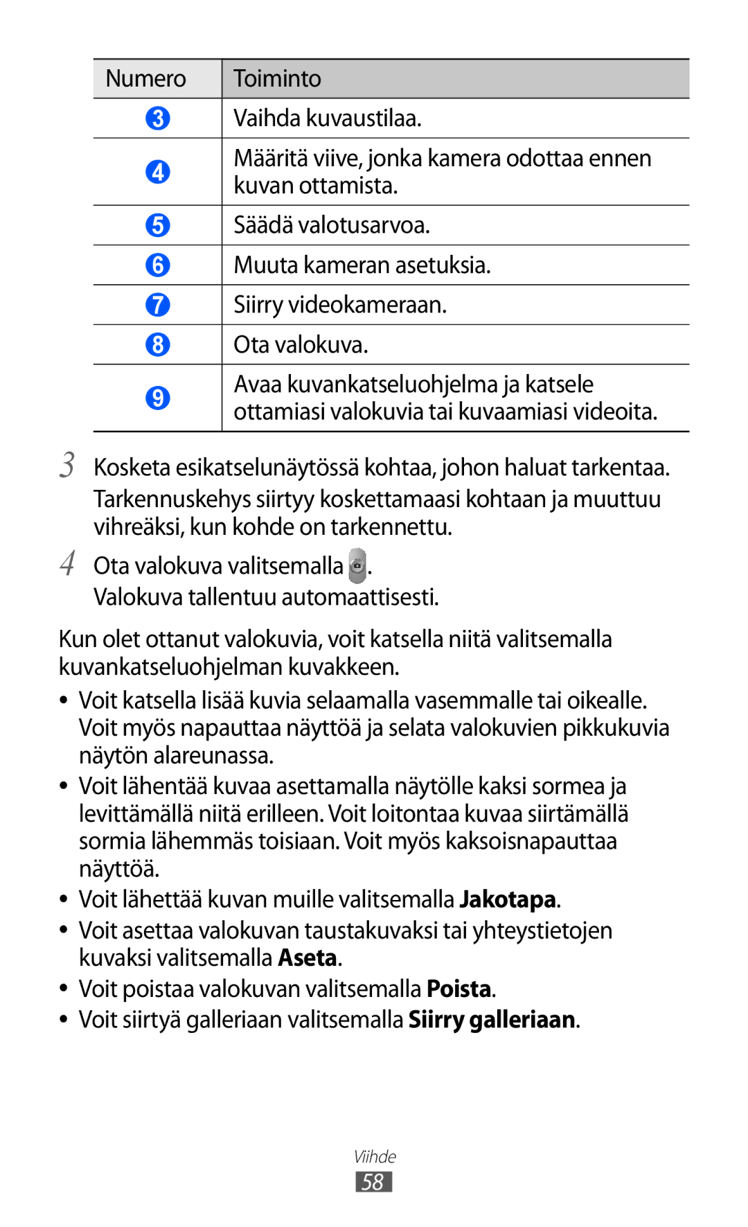 Samsung GT-P7300FKENEE, GT-P7300FKANEE, GT-P7300UWENEE manual Kosketa esikatselunäytössä kohtaa, johon haluat tarkentaa 