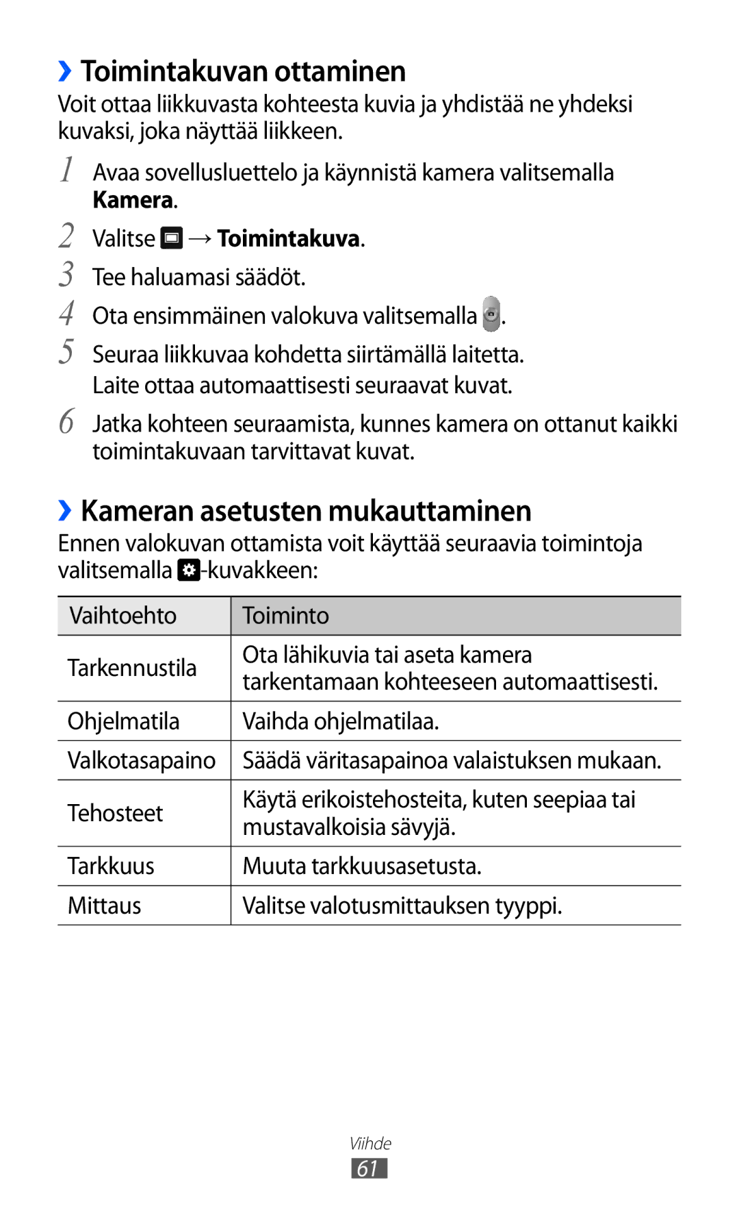 Samsung GT-P7300UWENEE manual ››Toimintakuvan ottaminen, ››Kameran asetusten mukauttaminen, Kamera Valitse → Toimintakuva 