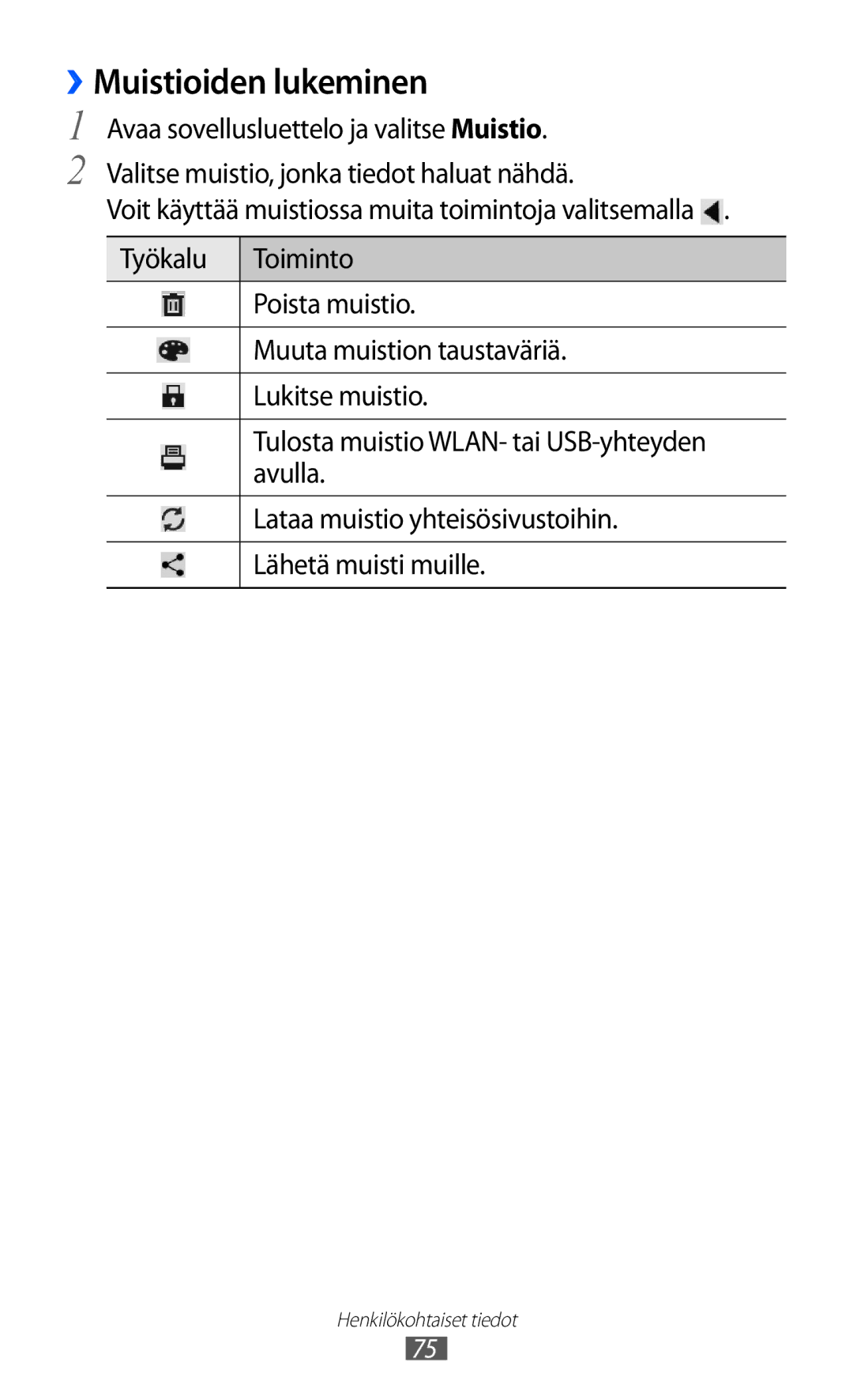 Samsung GT-P7300FKANEE, GT-P7300UWENEE, GT-P7300UWANEE, GT-P7300FKENEE, GT-P7300UWANSE manual ››Muistioiden lukeminen 