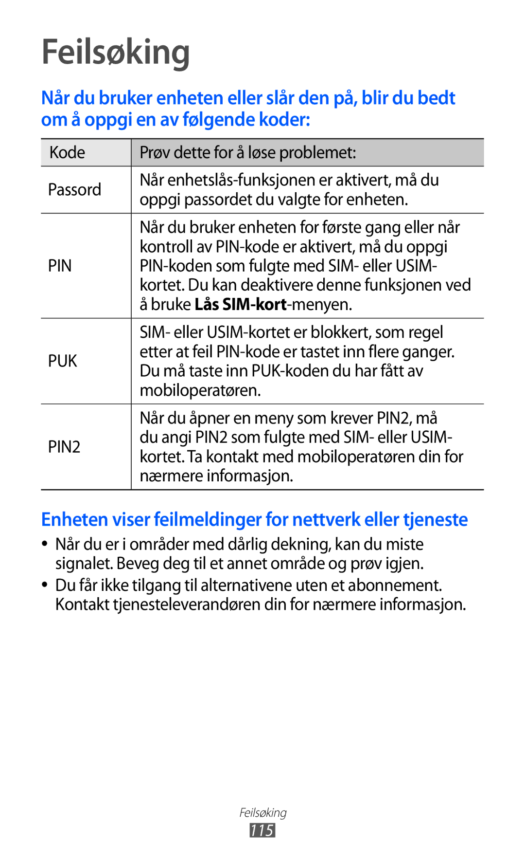 Samsung GT-P7300FKANEE Feilsøking, Bruke Lås SIM-kort-menyen, Du må taste inn PUK-koden du har fått av, Mobiloperatøren 