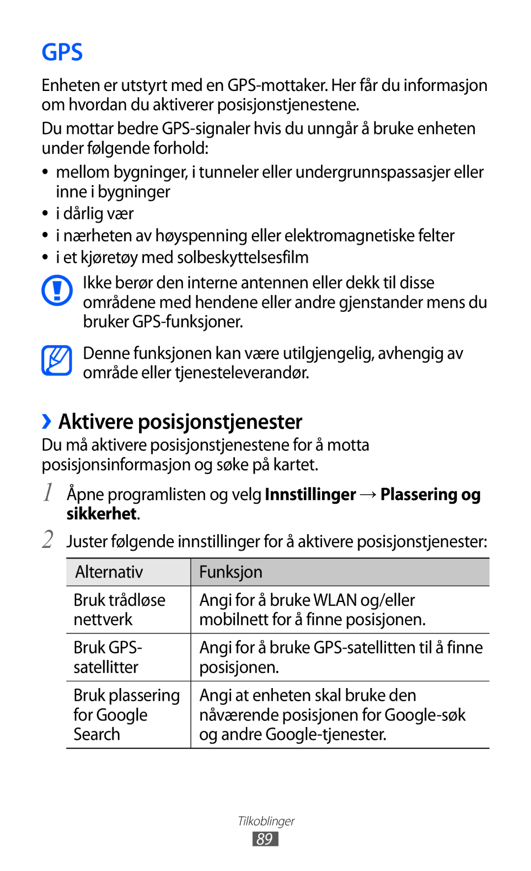 Samsung GT-P7300UWANSE ››Aktivere posisjonstjenester, Satellitter Posisjonen, Angi at enheten skal bruke den, For Google 