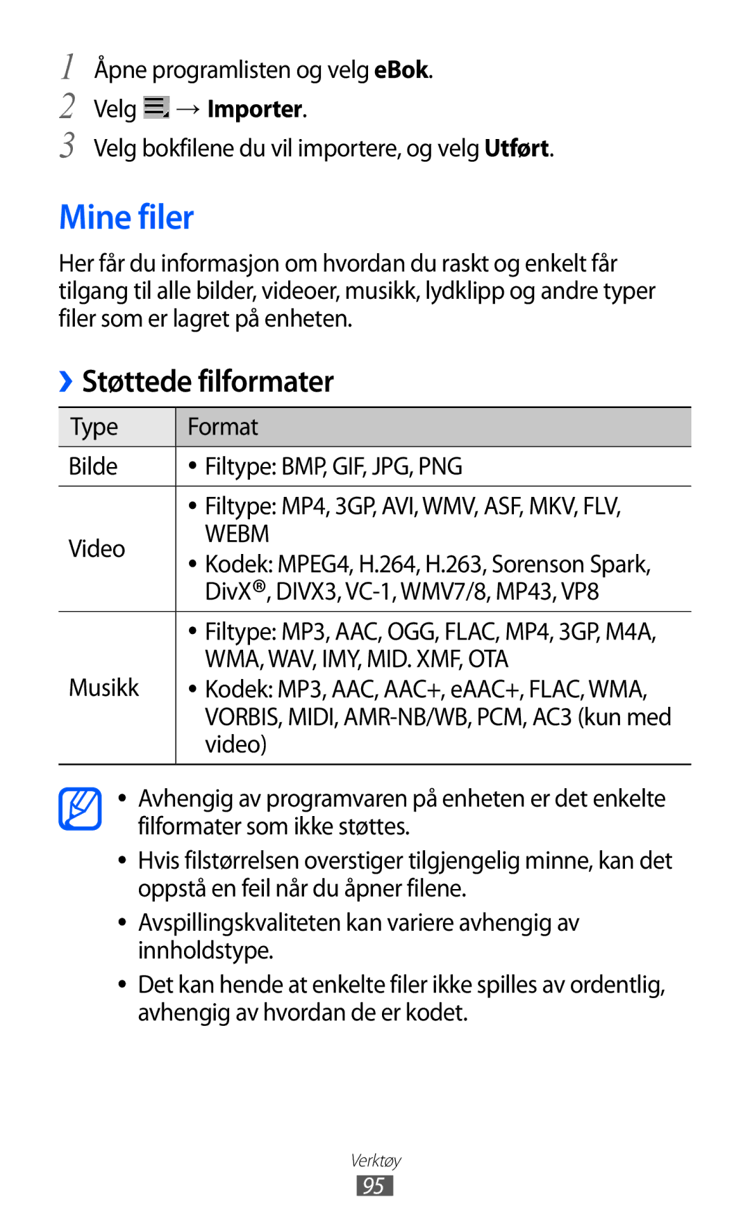 Samsung GT-P7300FKANEE, GT-P7300UWENEE, GT-P7300UWANEE Mine filer, Åpne programlisten og velg eBok, Velg → Importer, Musikk 