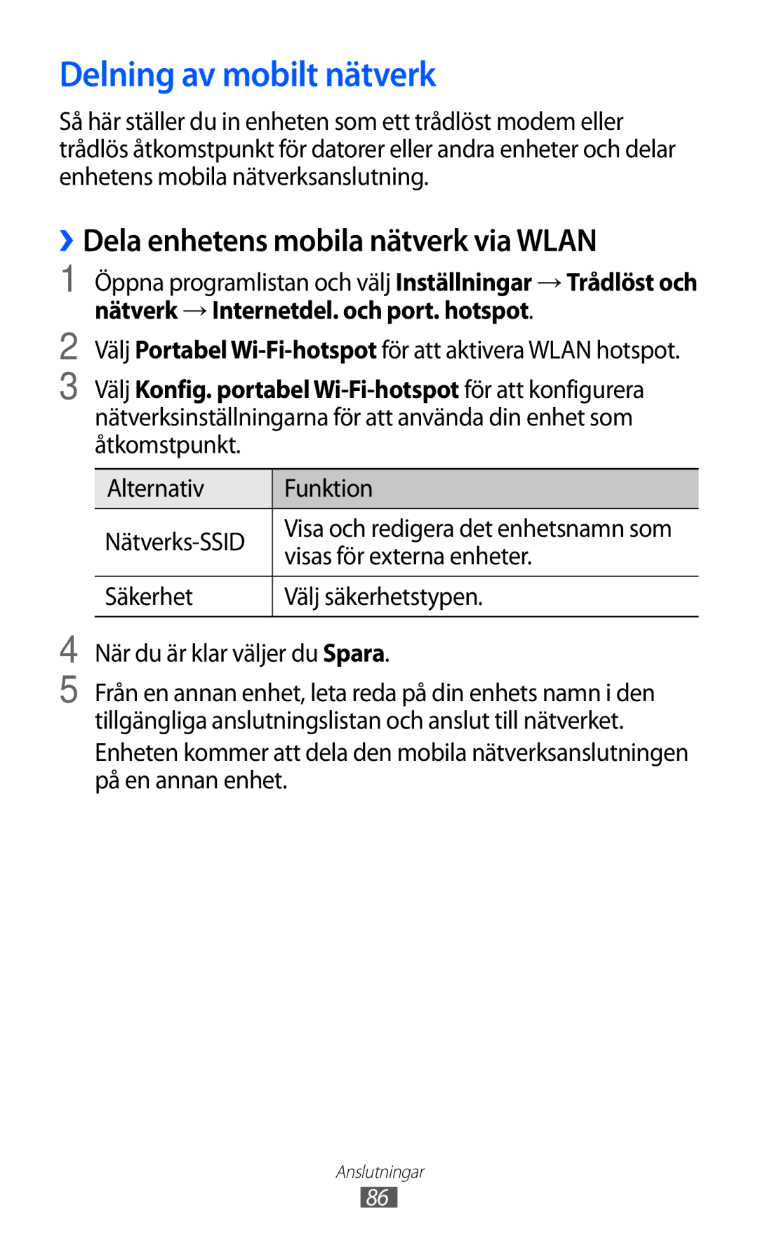 Samsung GT-P7300UWENEE manual Delning av mobilt nätverk, ››Dela enhetens mobila nätverk via Wlan, Visas för externa enheter 