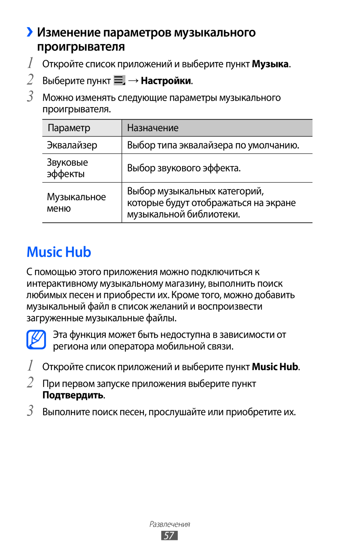 Samsung GT-P7300UWASER manual Music Hub, ››Изменение параметров музыкального проигрывателя, Меню, Музыкальной библиотеки 