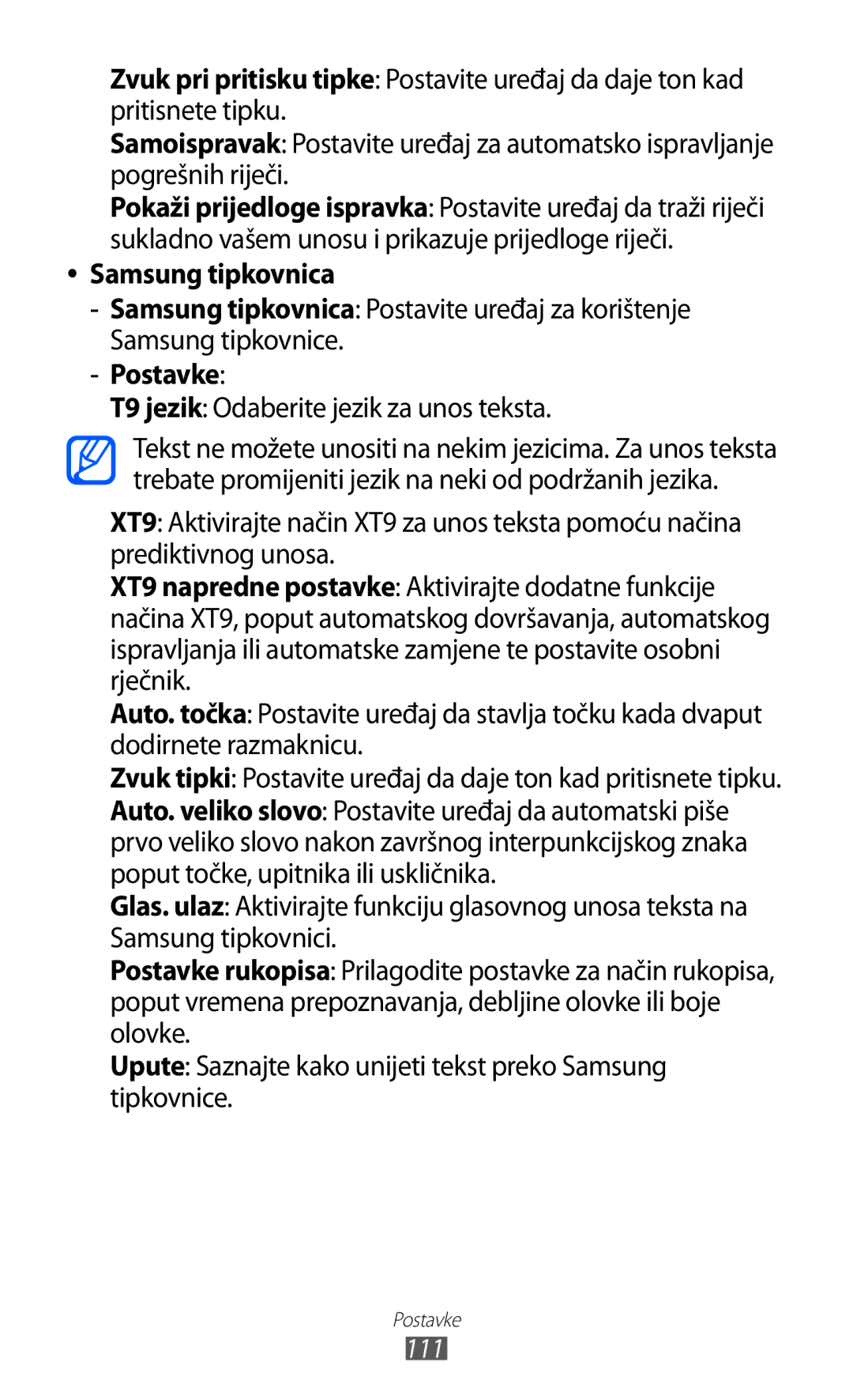 Samsung GT-P7300FKATRA, GT-P7300FKACRO manual Samsung tipkovnica, Postavke, T9 jezik Odaberite jezik za unos teksta 