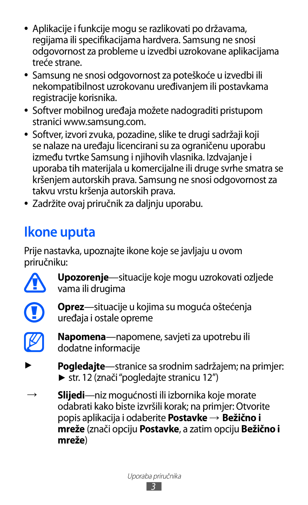 Samsung GT-P7300FKATRA, GT-P7300FKACRO, GT-P7300FKATWO manual Ikone uputa, Zadržite ovaj priručnik za daljnju uporabu 