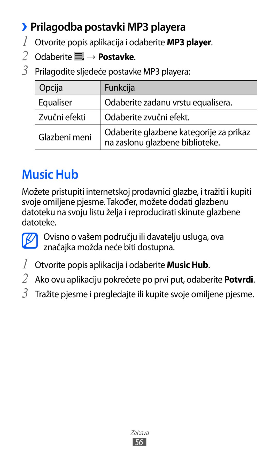 Samsung GT-P7300FKATWO, GT-P7300FKATRA manual Music Hub, ››Prilagodba postavki MP3 playera, Na zaslonu glazbene biblioteke 