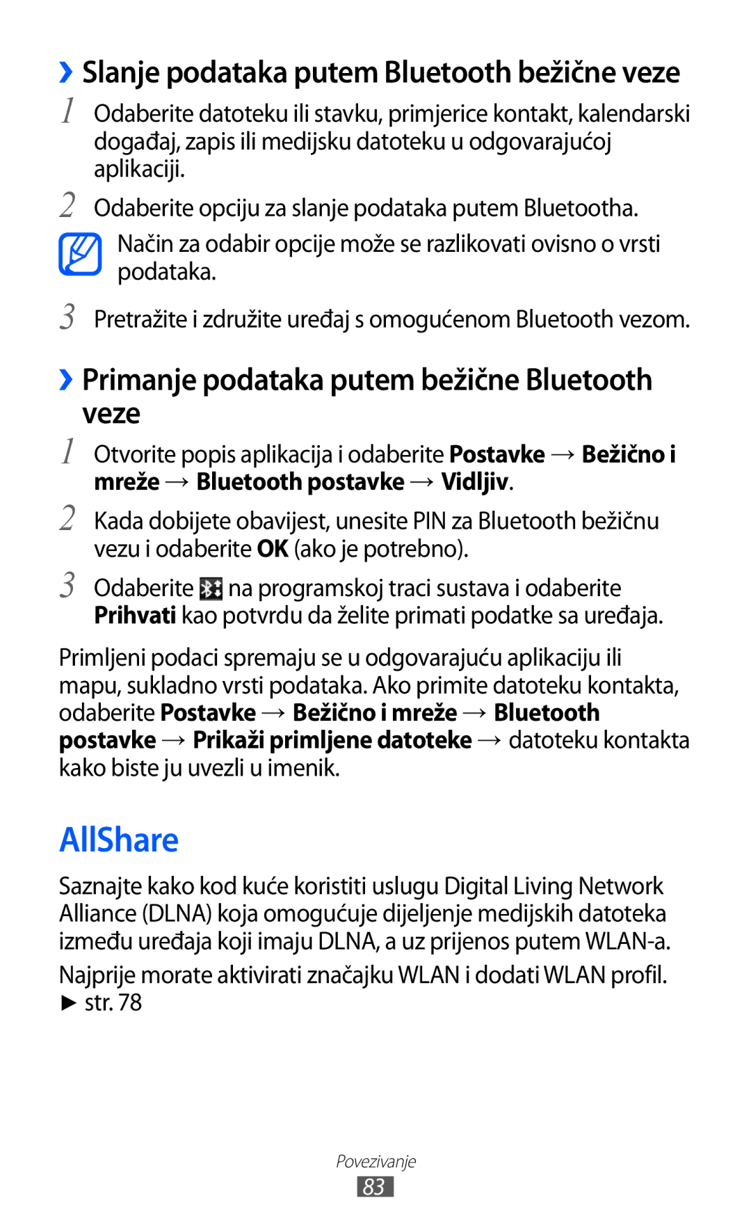 Samsung GT-P7300FKATWO, GT-P7300FKATRA, GT-P7300FKACRO manual AllShare, ››Primanje podataka putem bežične Bluetooth veze 